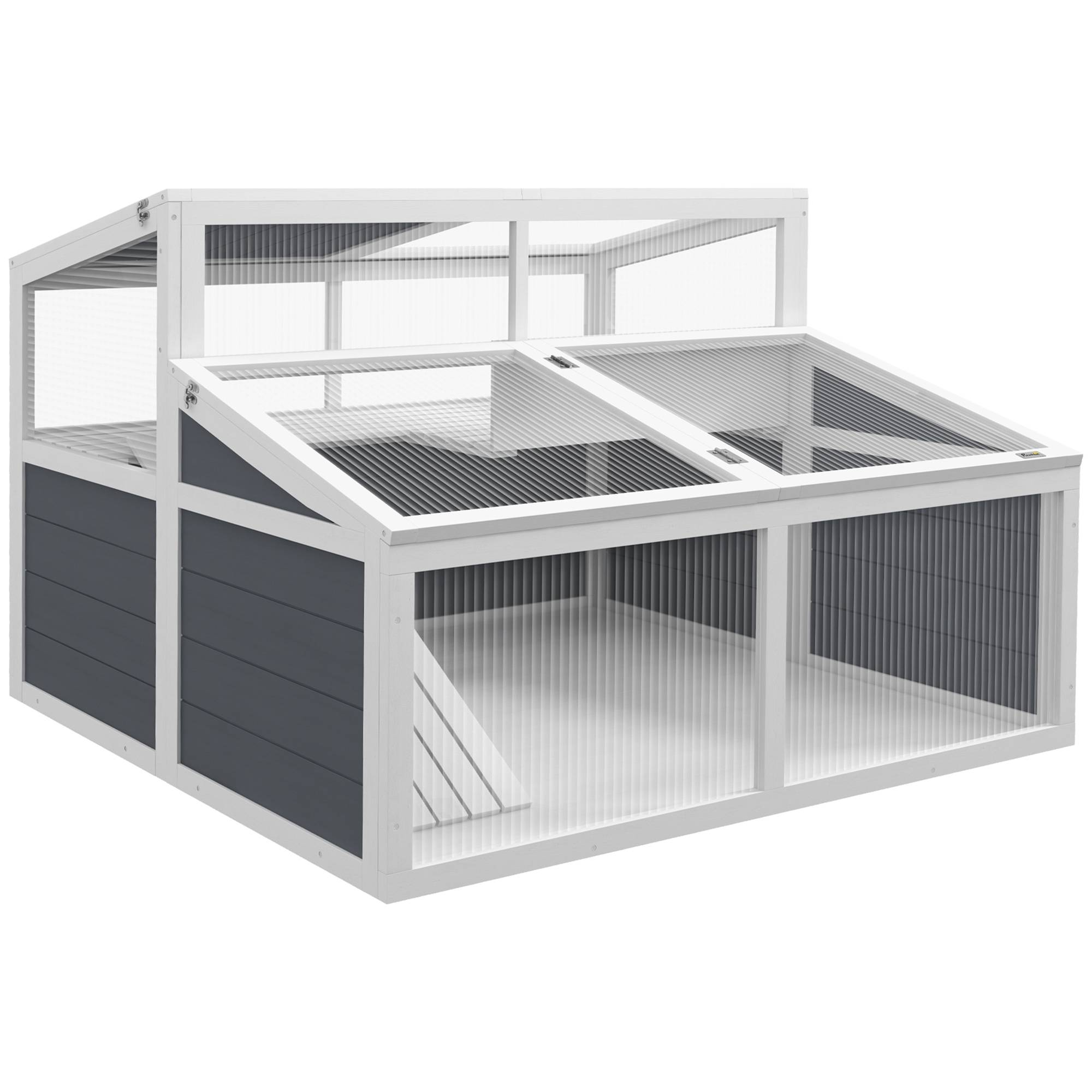 Enclos pour petits animaux et tortues, 2 espaces, toit en polycarbonate, 3 portes, rampe, 115×115×82cm gris - Image 2