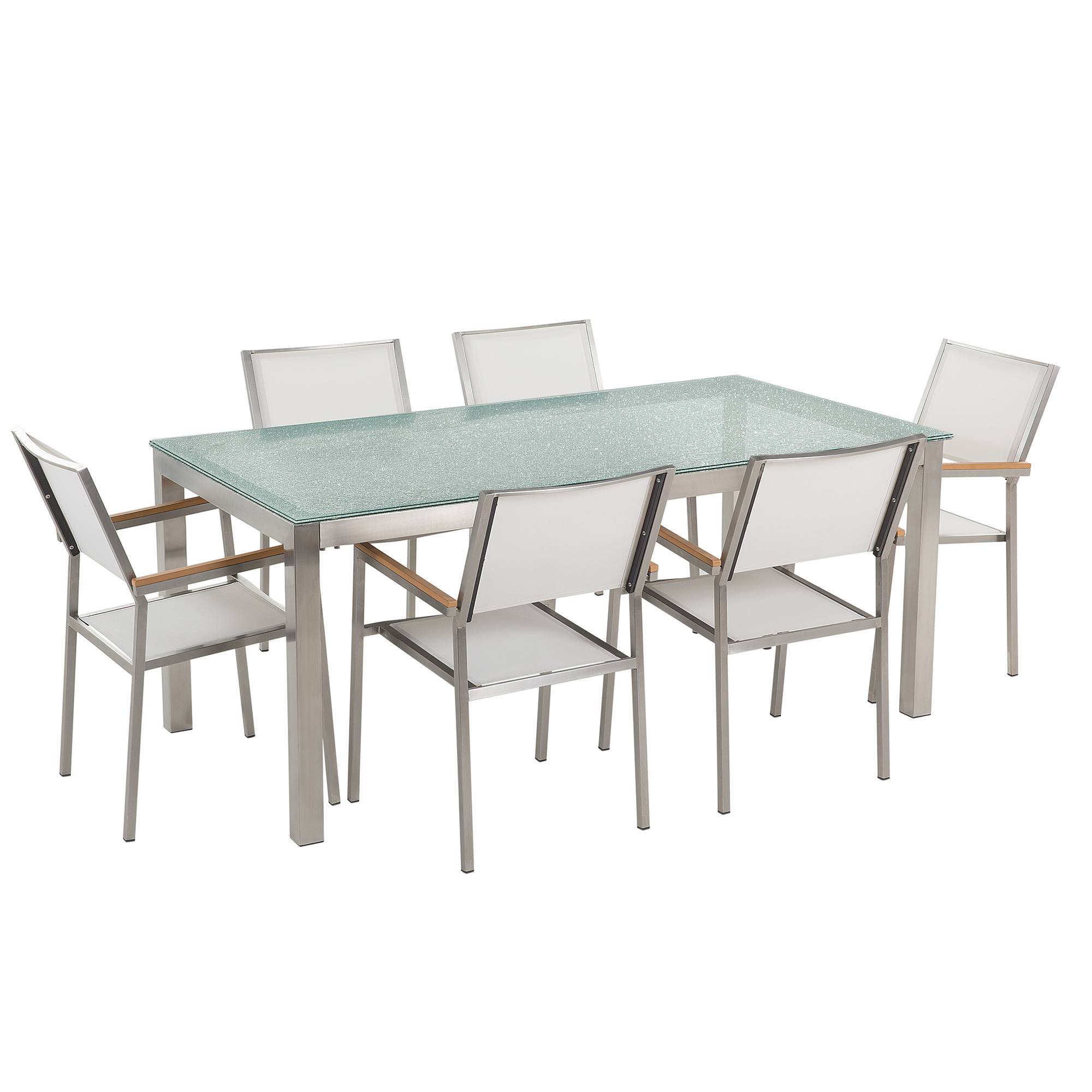 Beliani - Salon de Jardin composé d'une Table 180 x 90 cm et de 6 Chaises en Acier Inox, Textile Blanc et Verre Effet Brisé au Design Moderne - Imagen 1
