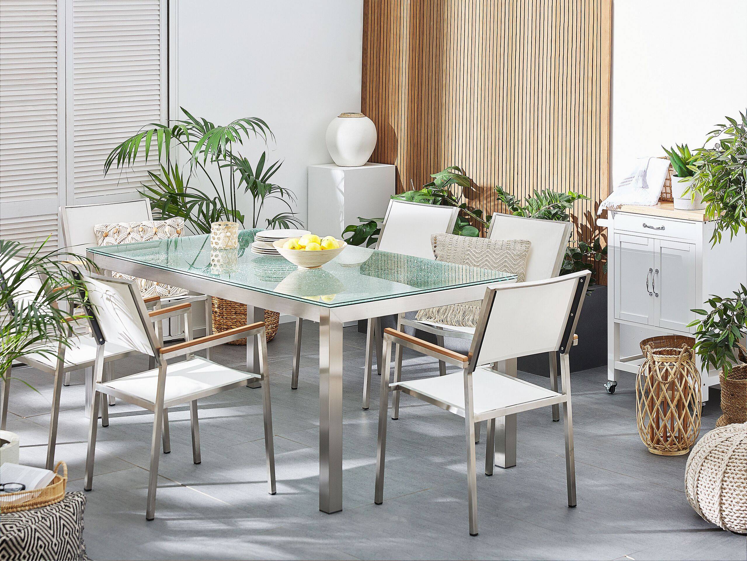Beliani - Salon de Jardin composé d'une Table 180 x 90 cm et de 6 Chaises en Acier Inox, Textile Blanc et Verre Effet Brisé au Design Moderne - Imagen 2