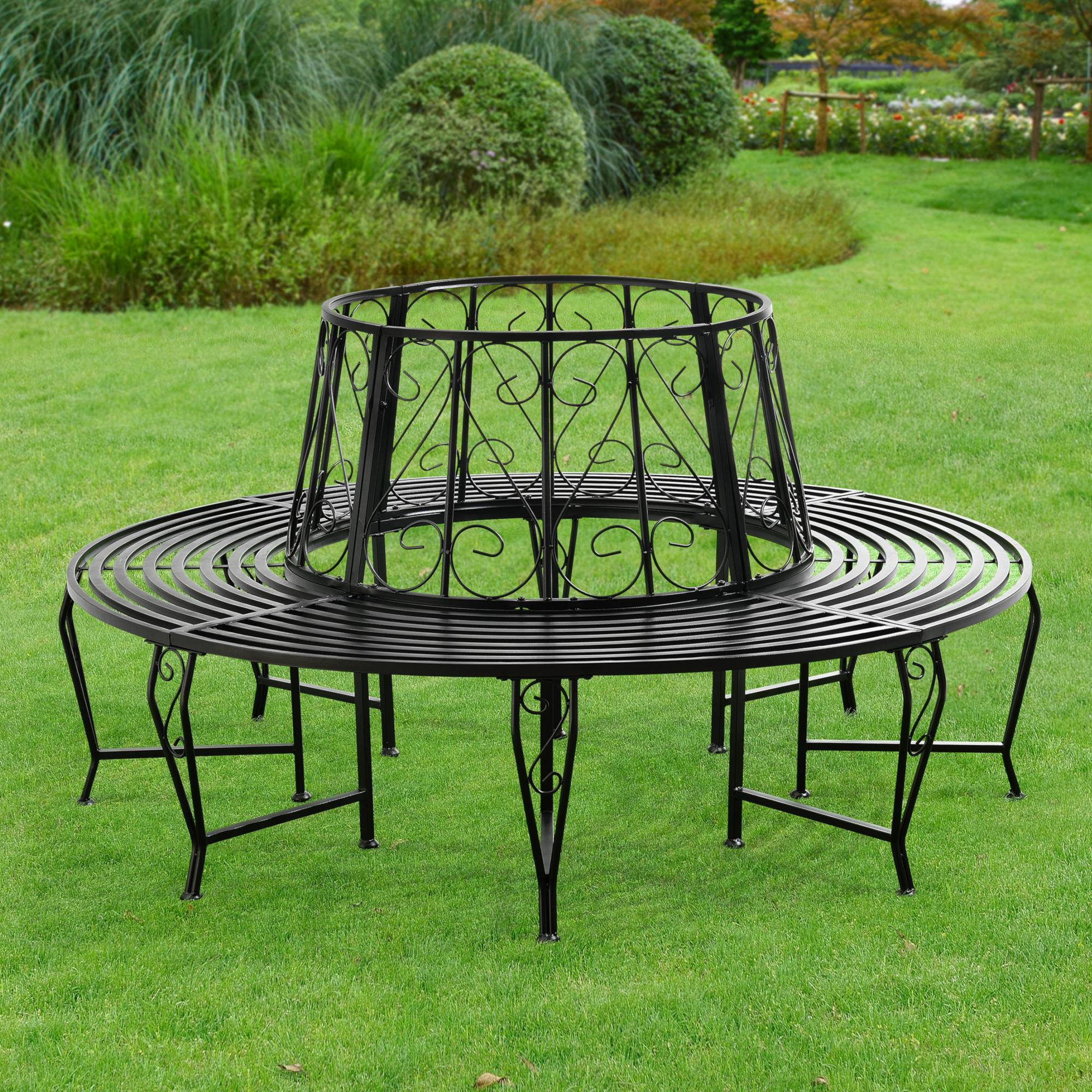 Banc De Jardin Rond Pour Arbre Meuble Extérieur Robuste Circulaire 160 X 84 Cm Acier Noir [en.casa] - Image 3