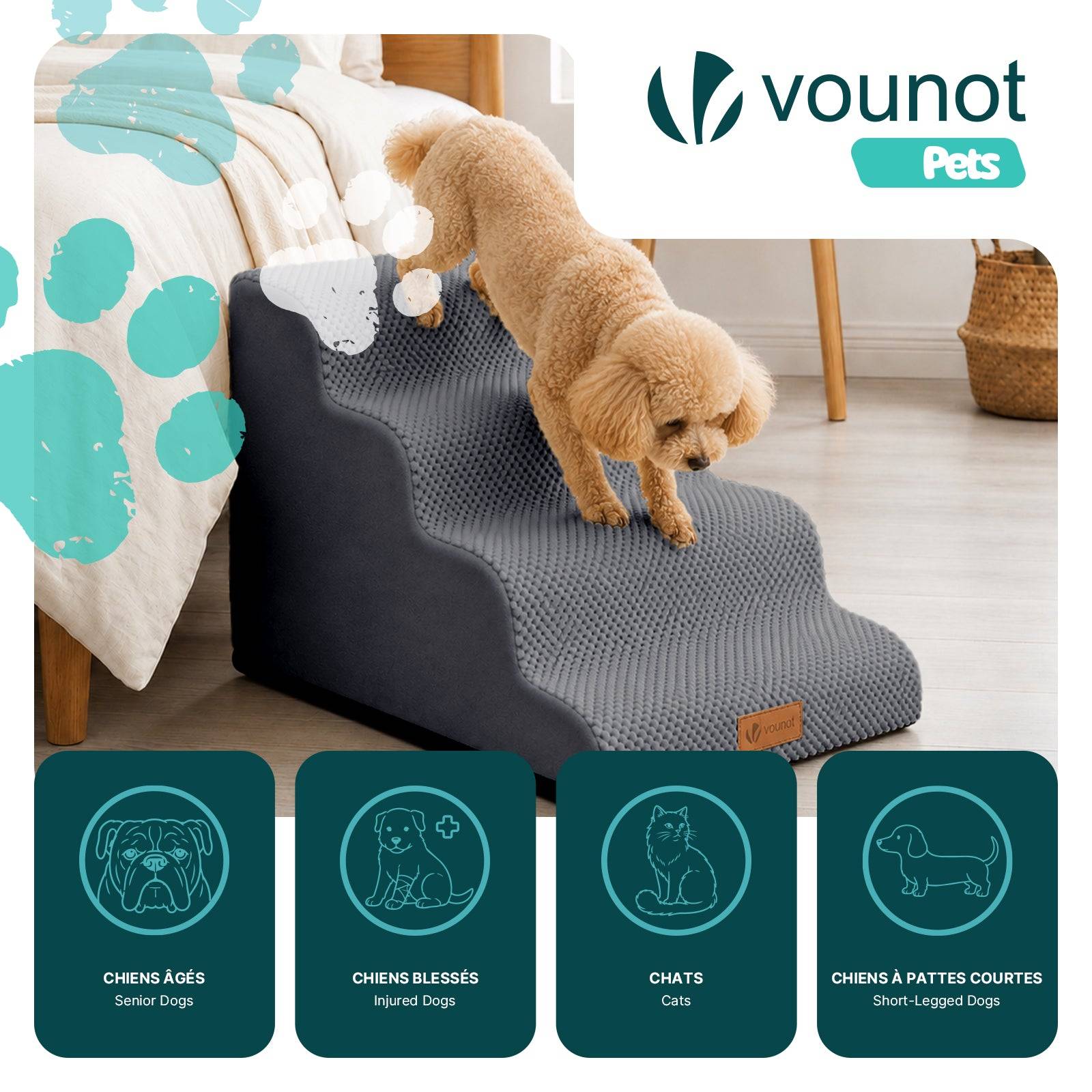 Vounot - Escalier pour chien et chat en mousse haute densite et housse lavable 72x40x50cm gris - Image 2