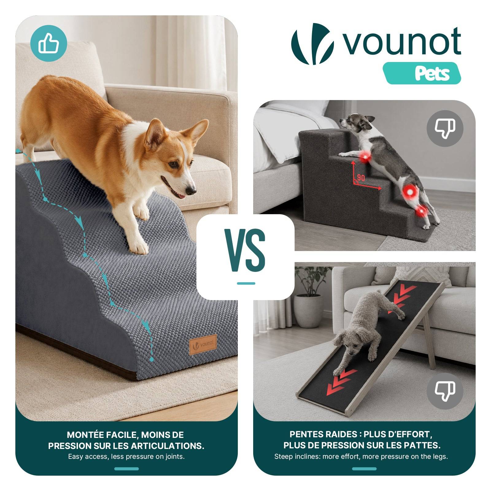 Vounot - Escalier pour chien et chat en mousse haute densite et housse lavable 72x40x50cm gris - Image 6