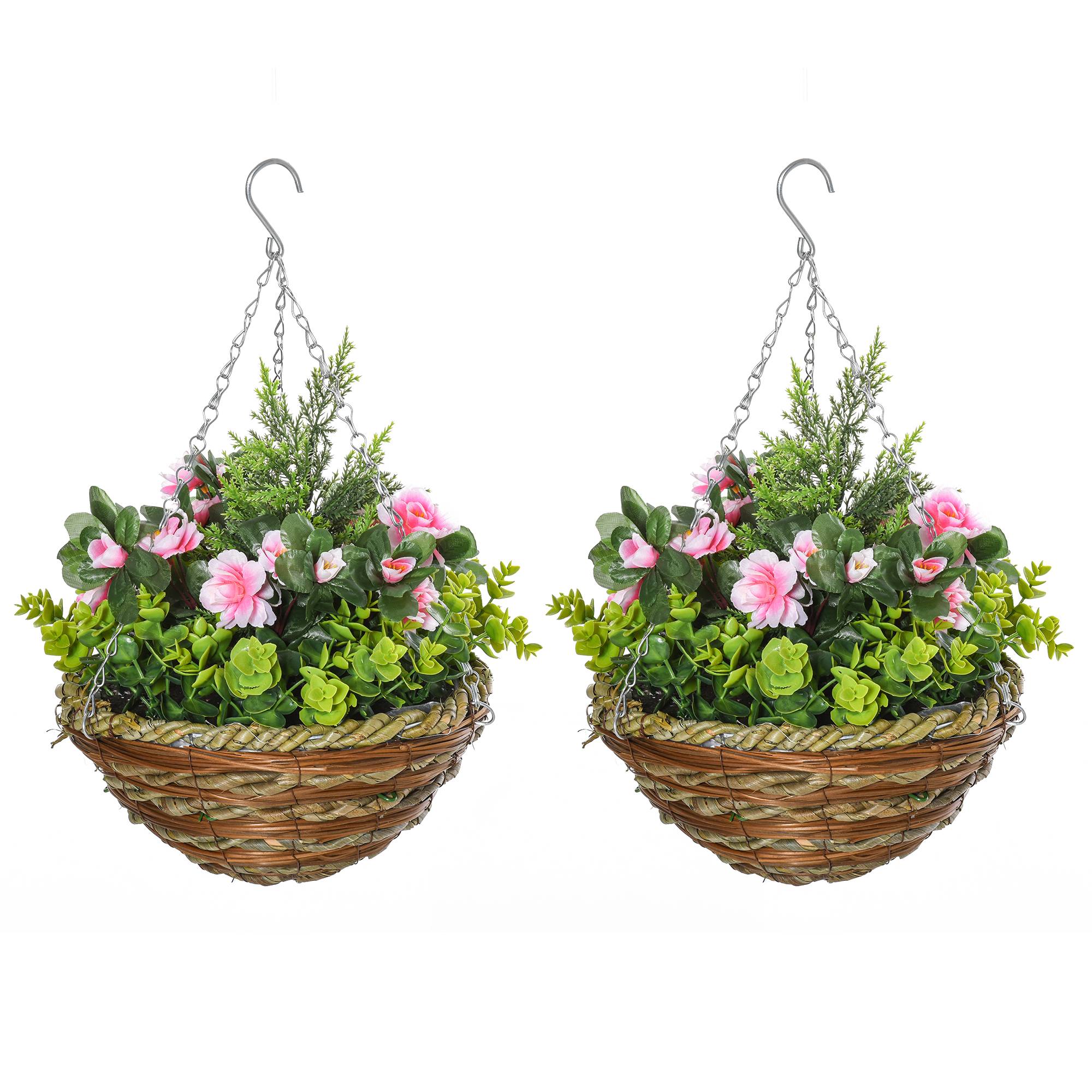 Lot 2 lisianthus artificiels pot crochet plantes PE osier Ø25x34 cm vert rose - Image 1