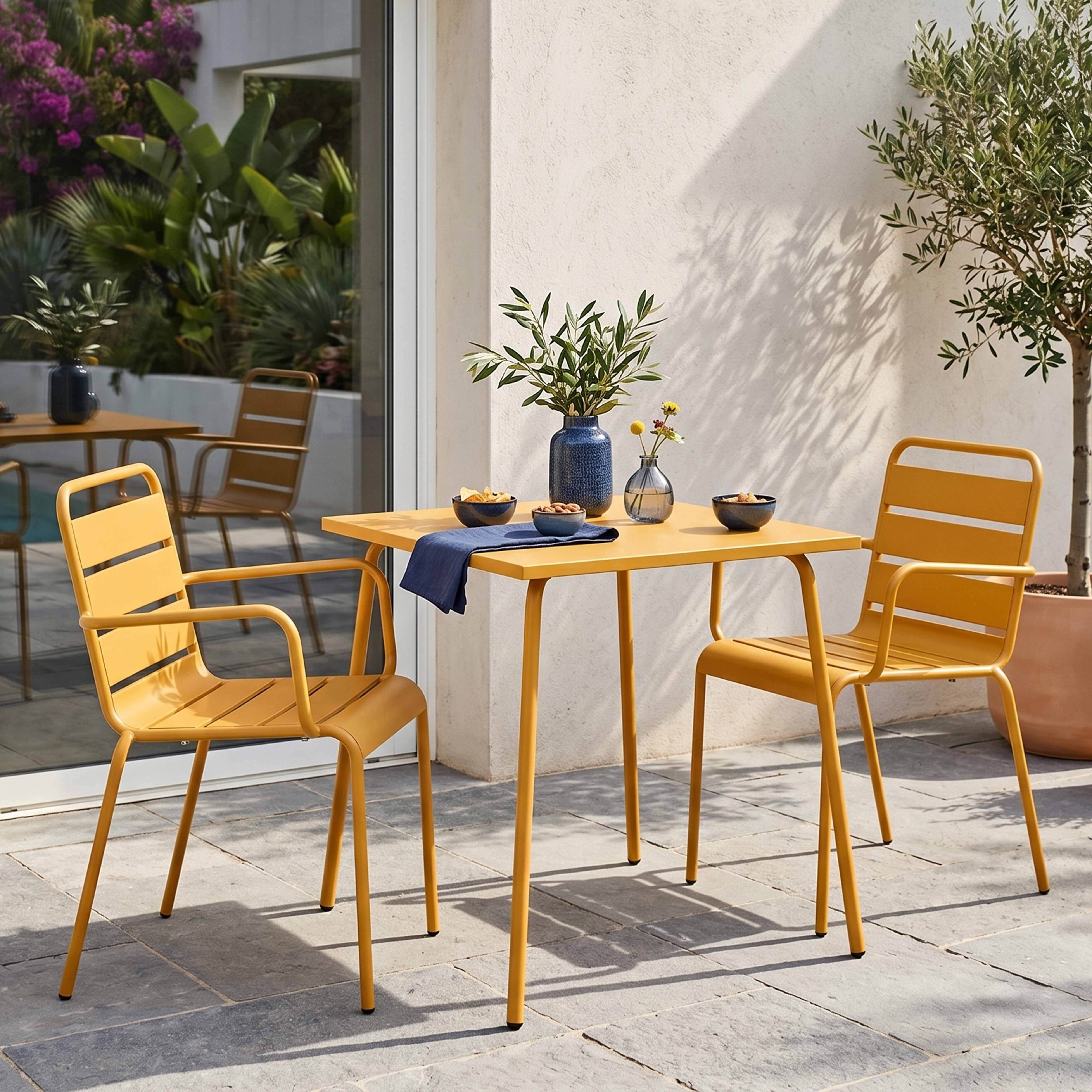 Oviala - Ensemble table de jardin bistrot et 2 fauteuils acier jaune Palavas - Oviala - Imagen 2