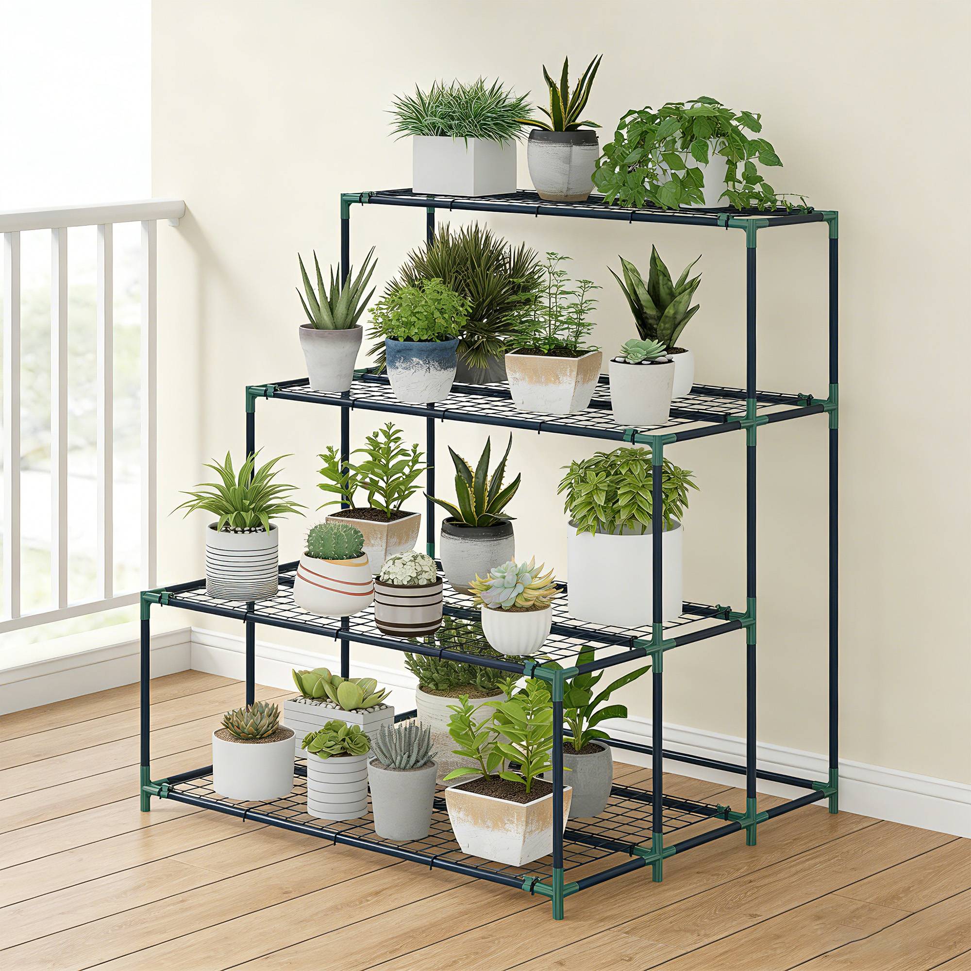 Étagère à plantes 4 niveaux, 110 cm, 24 clips, acier vert foncé - Image 9