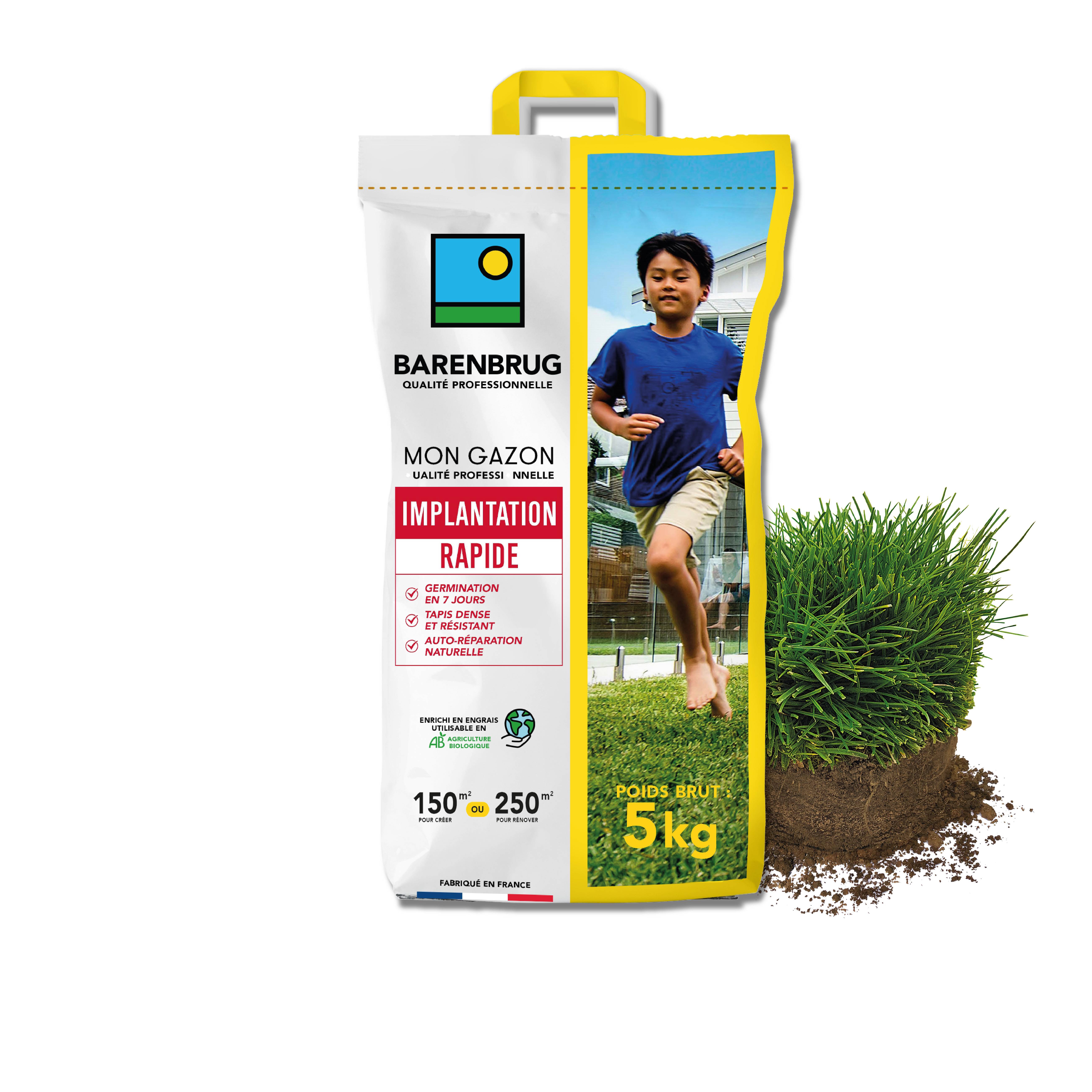 Gazon Implantation Rapide - Germination en 7 Jours - Tapis Dense et Résistant - Autoréparation Naturelle - 5KG - BARENBRUG - Image 1