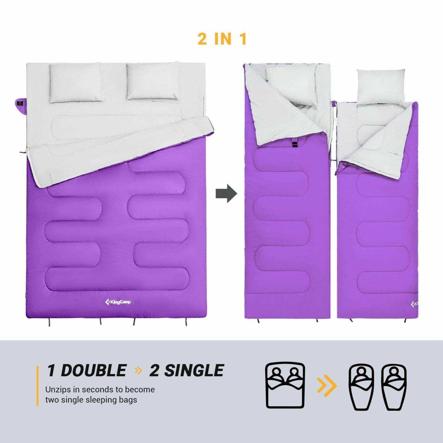Sac de couchage 2 places - Modèle Oxygen - Violet - 220 x 150 cm - Kingcamp - Imagen 3