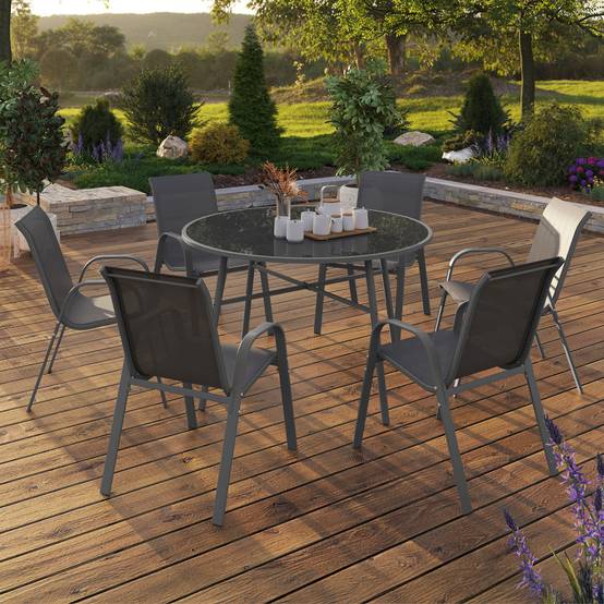 Salon de jardin MADRID table ronde 120 CM et 6 chaises empilables gris anthracite - Image 1