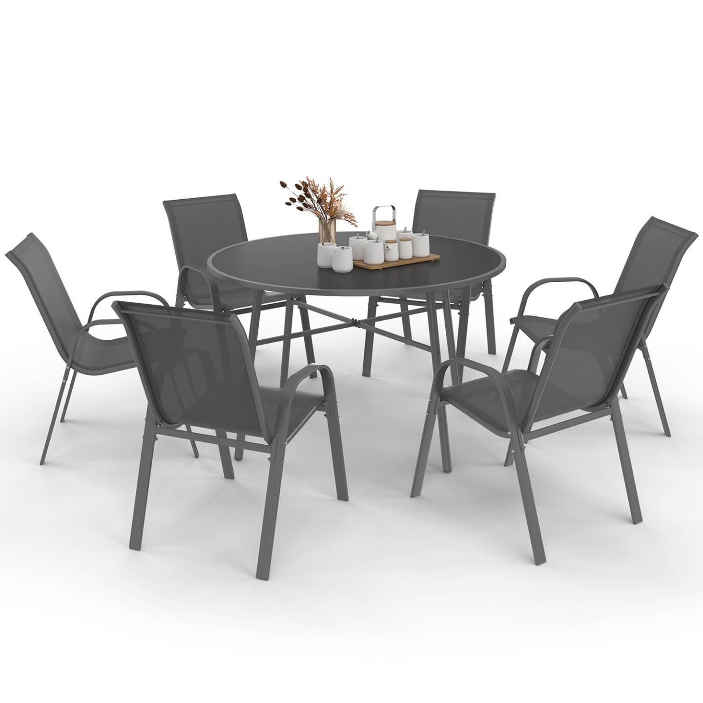 Salon de jardin MADRID table ronde 120 CM et 6 chaises empilables gris anthracite - Image 2