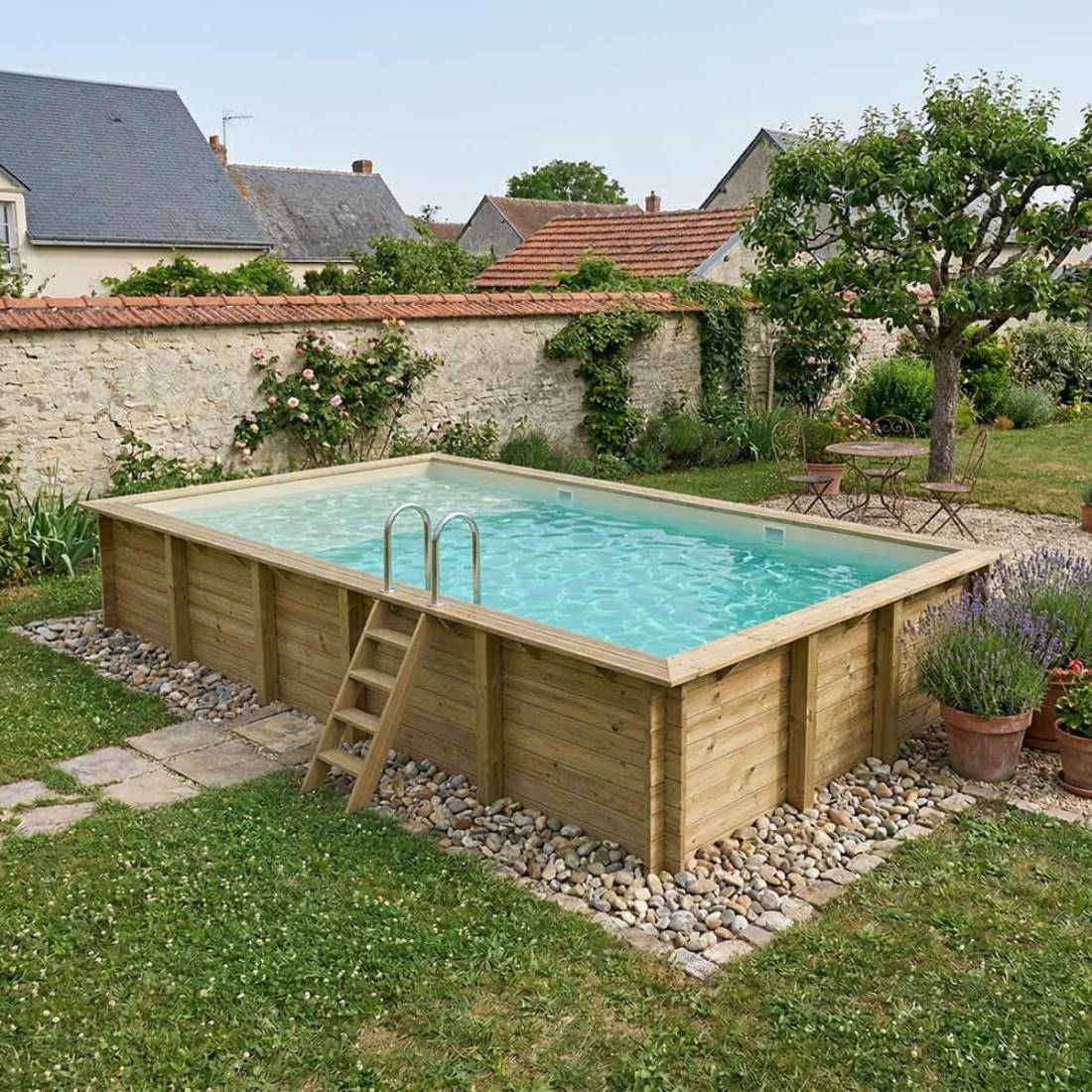 Altanka - Piscine hors sol en bois AQUA 10.2 x 5.2 - H.1.45 m avec plage, sable, fixations à sceller - BAS7310OSPI3+PLA310 - ALTANKA