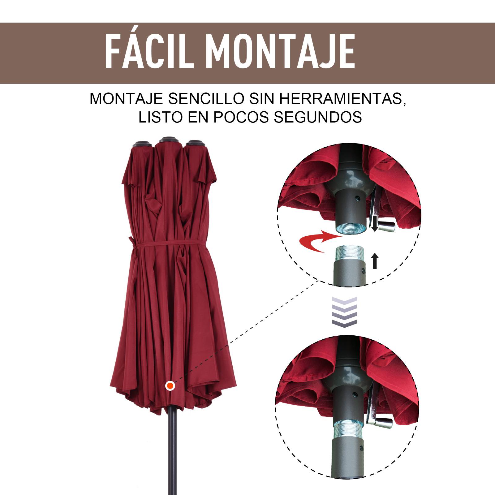 Parasol double de jardin 455x265x238 cm, grand parasol, manivelle manuelle, protection solaire, rouge vin - Image 8