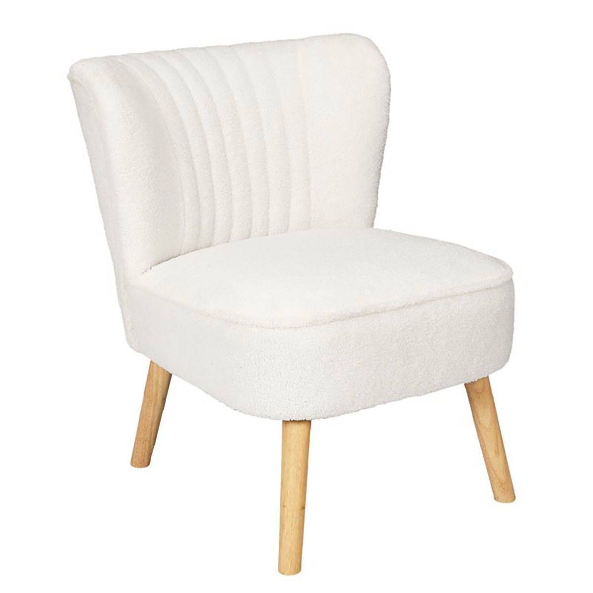 ALTOBUY - Fauteuil en Tissu Bouclettes Blanc Pieds Bois Naturel - KELIOS - Image 1