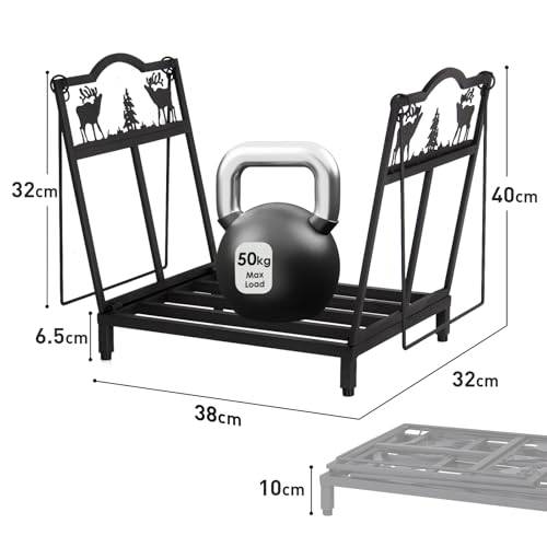 Todeco Porte Bûches Vertical Acier Noir Avec Étagère Et Motif Élan - Charge 60 Kg, 40x30x80 Cm Intérieur/Extérieur