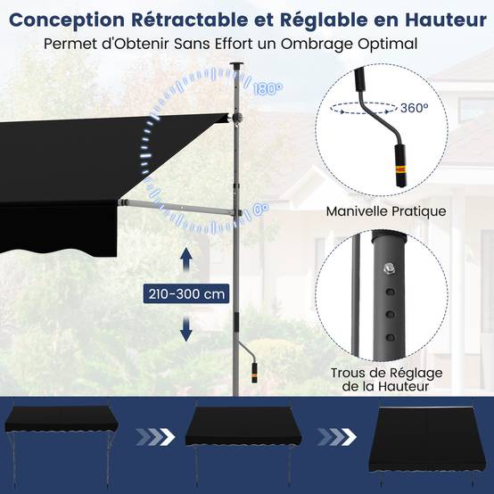 Store Banne Manuel Rétractable 2,5 x 1,2M Hauteur Réglable 210-300CM, Auvent de Terrasse en Aluminium Tissu Oxford Imperméable Anti UV, Noir - Image 4