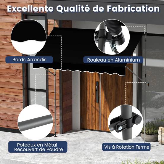 Store Banne Manuel Rétractable 2,5 x 1,2M Hauteur Réglable 210-300CM, Auvent de Terrasse en Aluminium Tissu Oxford Imperméable Anti UV, Noir - Image 5
