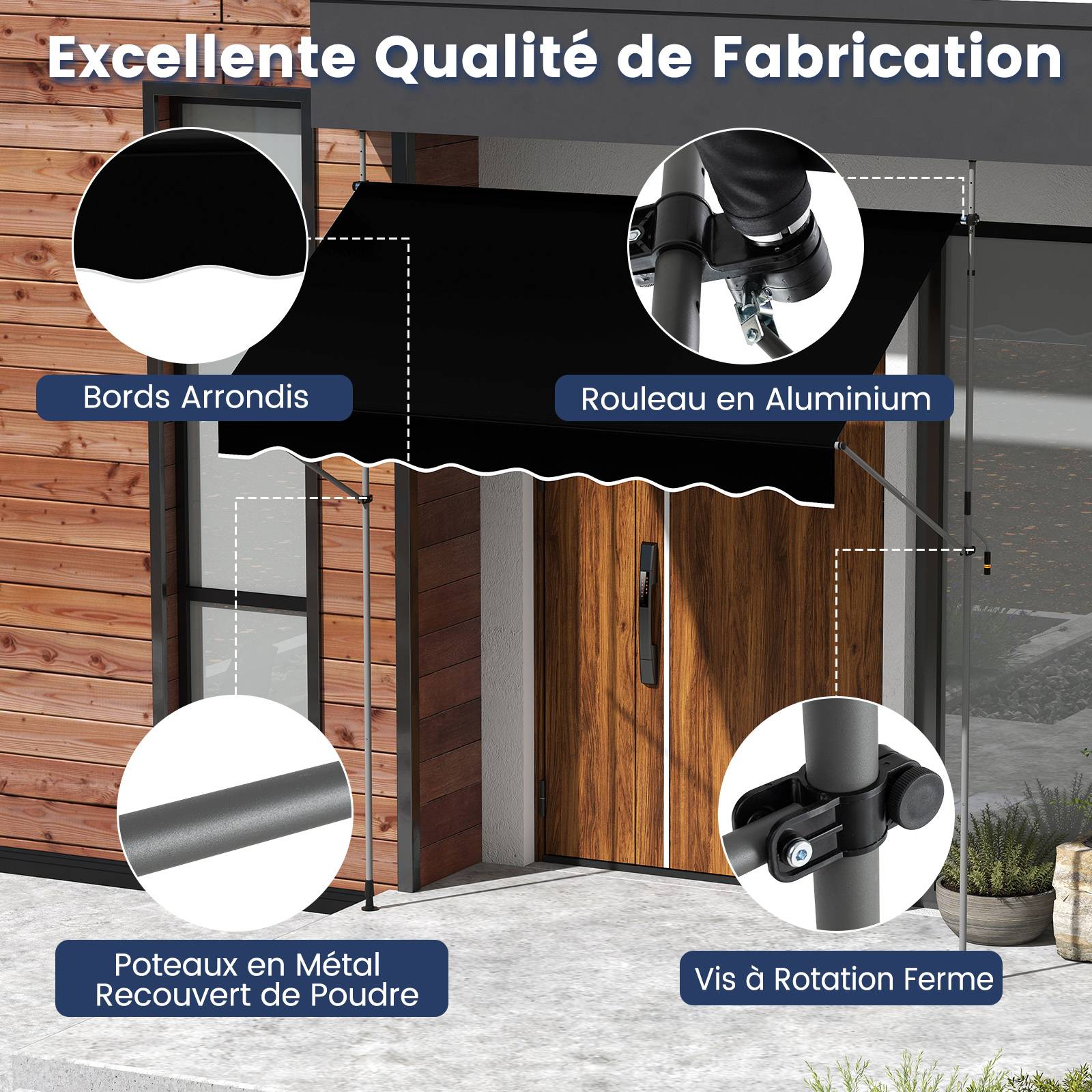 Store Banne Manuel Rétractable 2,5 x 1,2M Hauteur Réglable 210-300CM, Auvent de Terrasse en Aluminium Tissu Oxford Imperméable Anti UV, Noir - Image 5