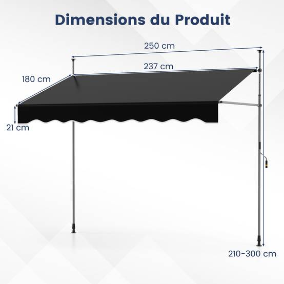 Store Banne Manuel Rétractable 2,5 x 1,2M Hauteur Réglable 210-300CM, Auvent de Terrasse en Aluminium Tissu Oxford Imperméable Anti UV, Noir - Image 3
