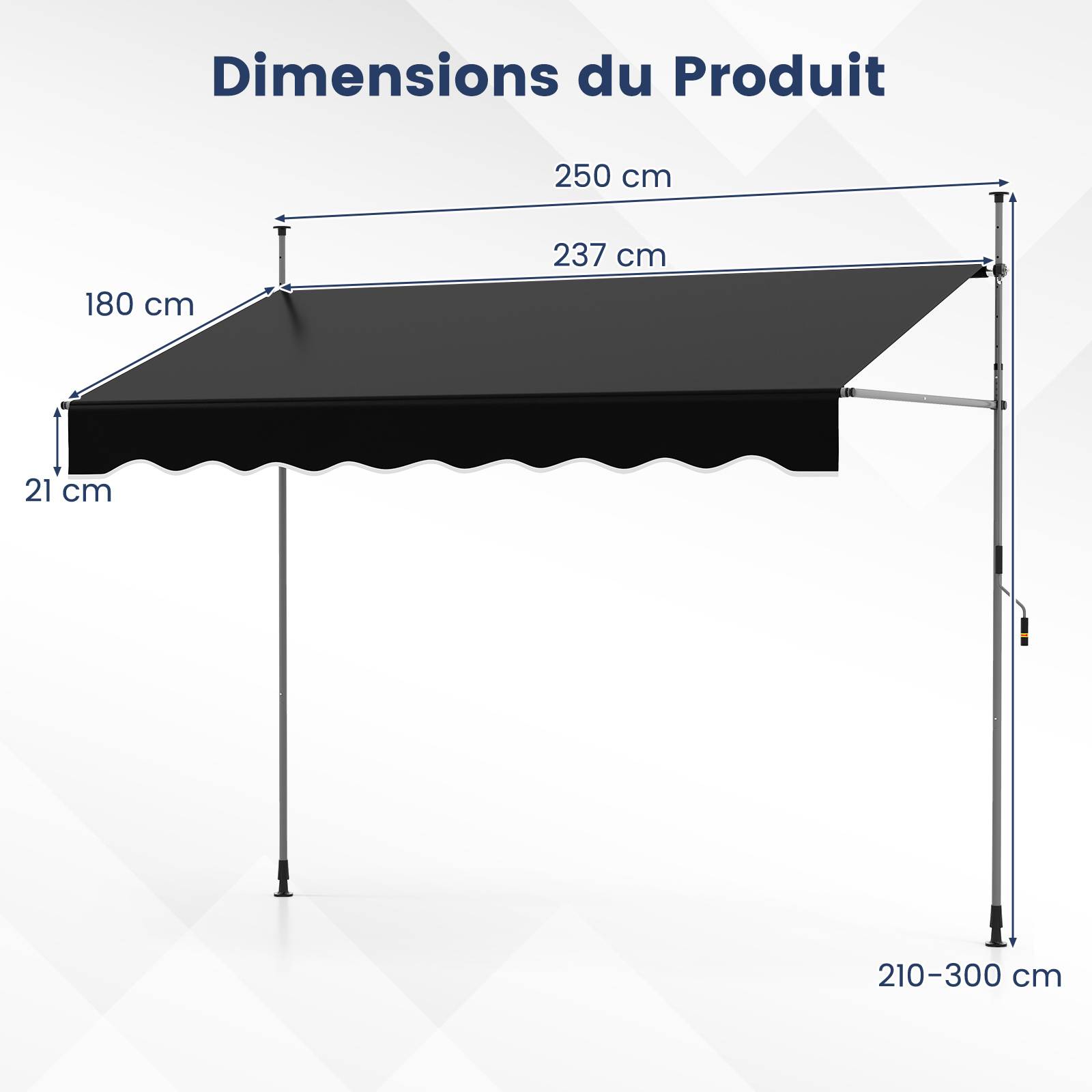 Store Banne Manuel Rétractable 2,5 x 1,2M Hauteur Réglable 210-300CM, Auvent de Terrasse en Aluminium Tissu Oxford Imperméable Anti UV, Noir - Image 3