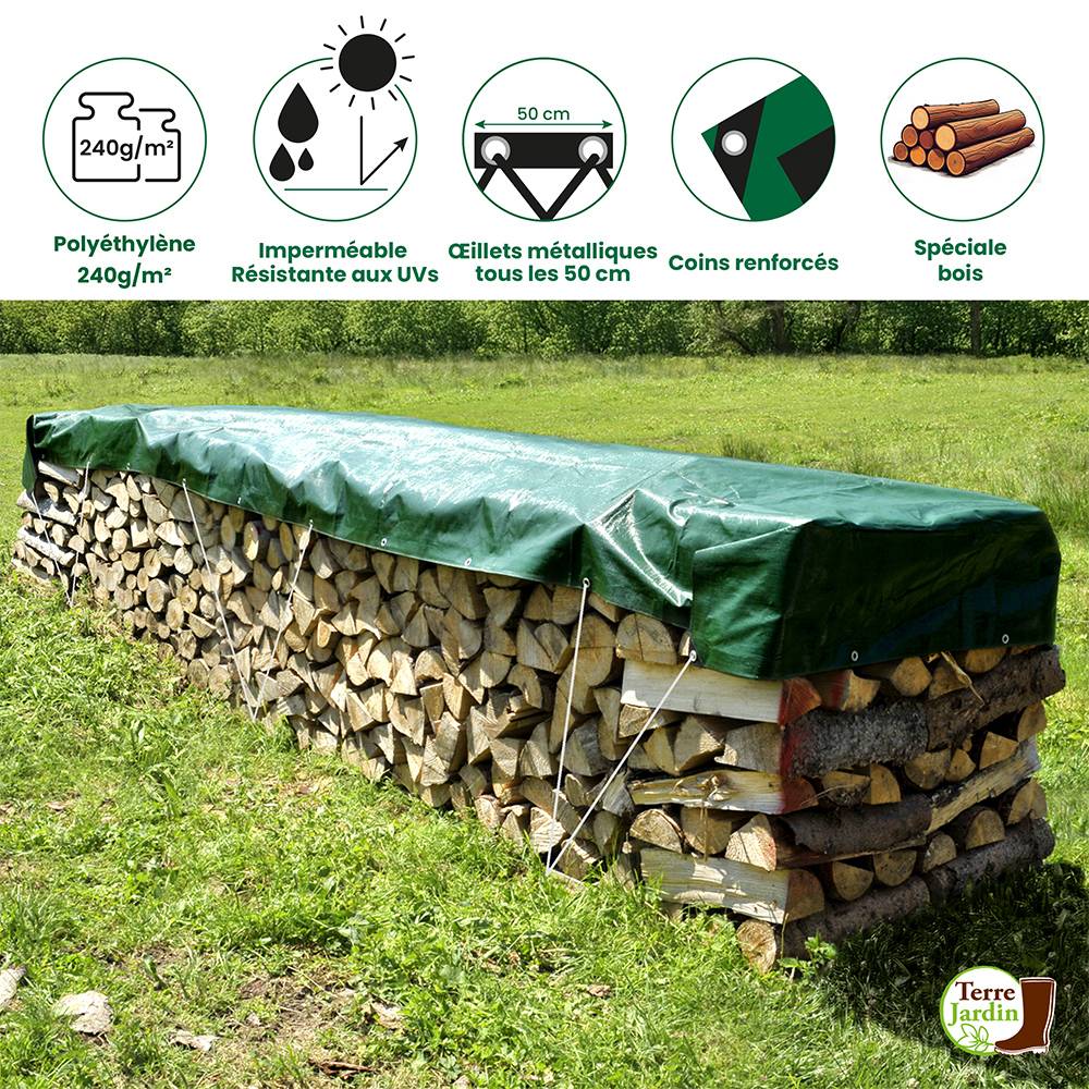 Bâche à bûches épaisse ultra résistante 240 g/m² 1.5 x 6 Vert - Image 2