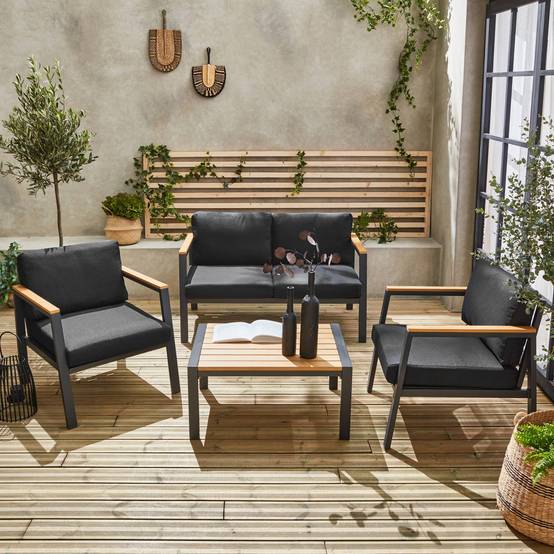 sweeek - Salon de jardin Casoria. gris foncé. aluminium et polywood 4 places. 1 canapé. 2 fauteuils. 1 table basse | sweeek - Image 3