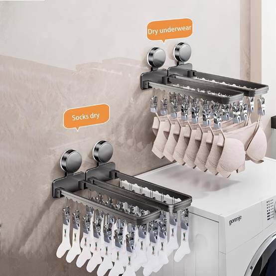 Séchoir à linge mural à ventouses avec 14 pinces, pliable, pour chaussettes, sous-vêtements, vêtements de bébé et serviettes (1 paquet)-Lytech - Image 3