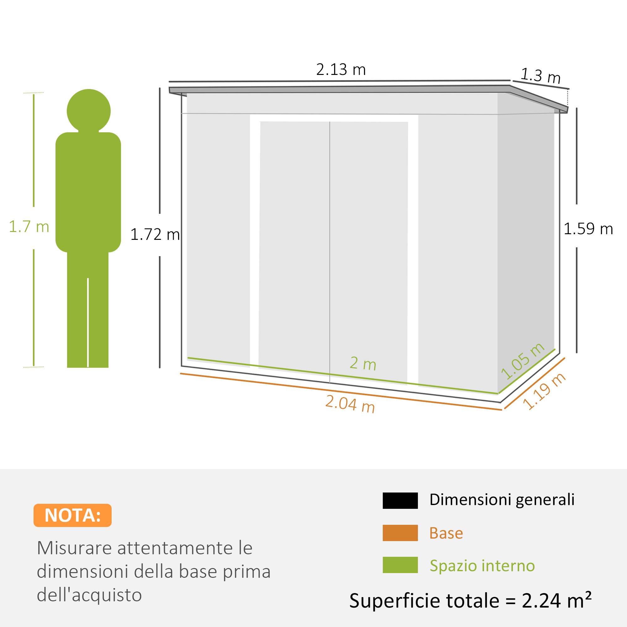 Abri de jardin en acier avec double porte coulissante, aérations et toit incliné, 213 x 130 x 172 cm, vert - Image 5