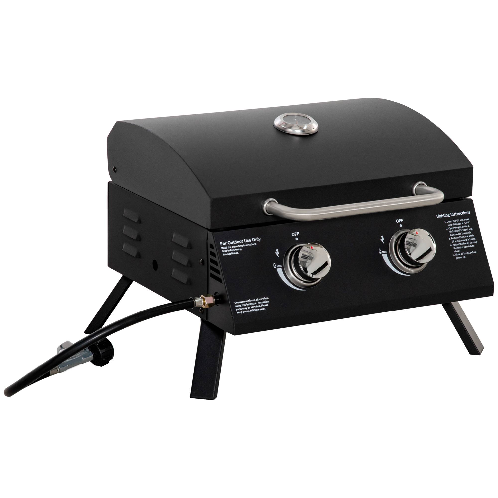 Outsunny - Barbecue gaz de table transportable pieds pliables - 2 brûleurs 5 kW - grille de cuisson, réceptacle graisse, thermomètre - acier noir - Outsunny - Image 1