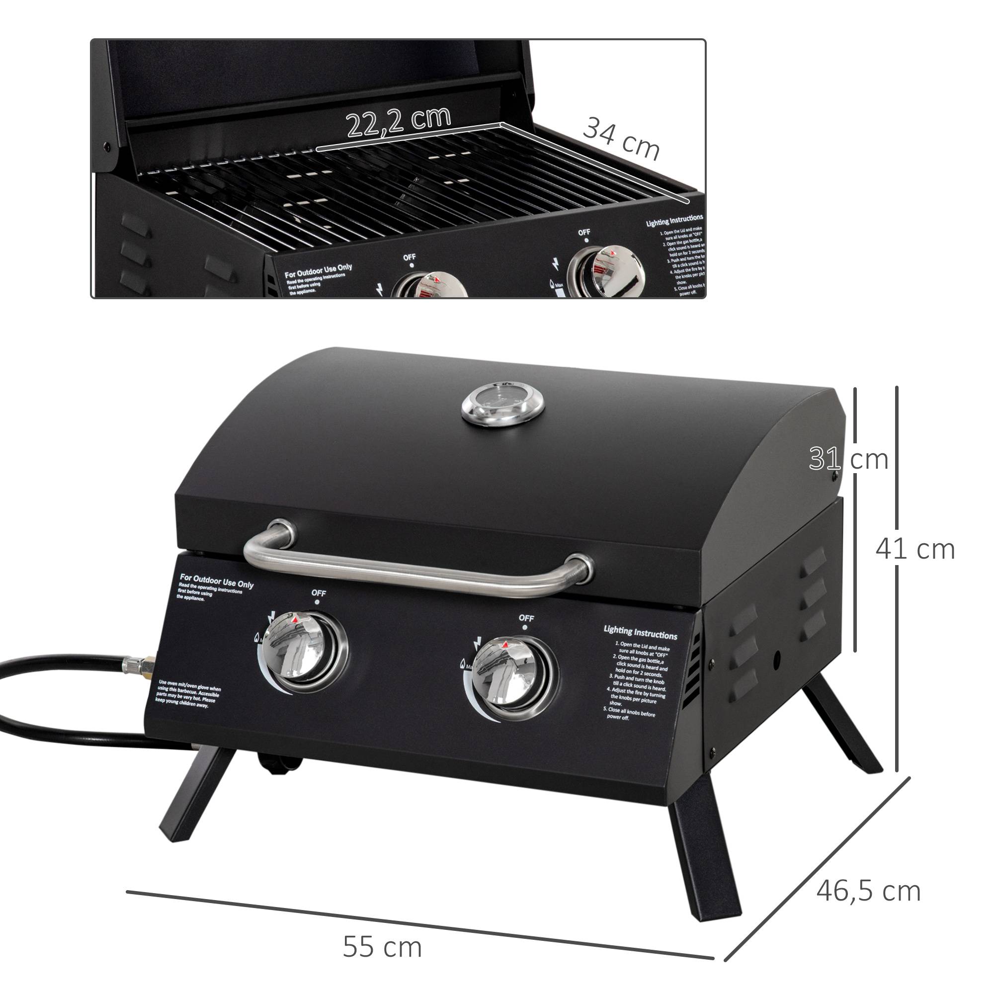 Outsunny - Barbecue gaz de table transportable pieds pliables - 2 brûleurs 5 kW - grille de cuisson, réceptacle graisse, thermomètre - acier noir - Outsunny - Image 3
