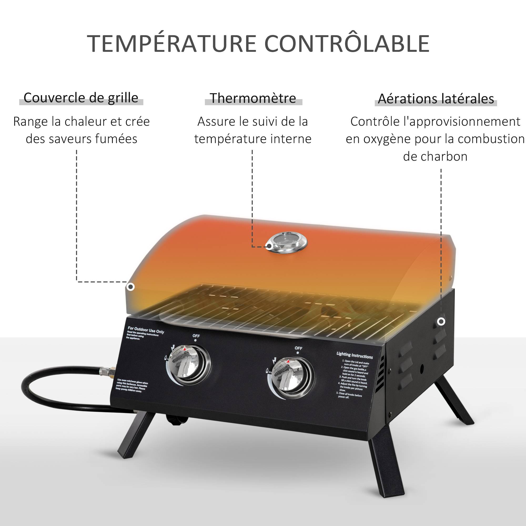 Outsunny - Barbecue gaz de table transportable pieds pliables - 2 brûleurs 5 kW - grille de cuisson, réceptacle graisse, thermomètre - acier noir - Outsunny - Image 2