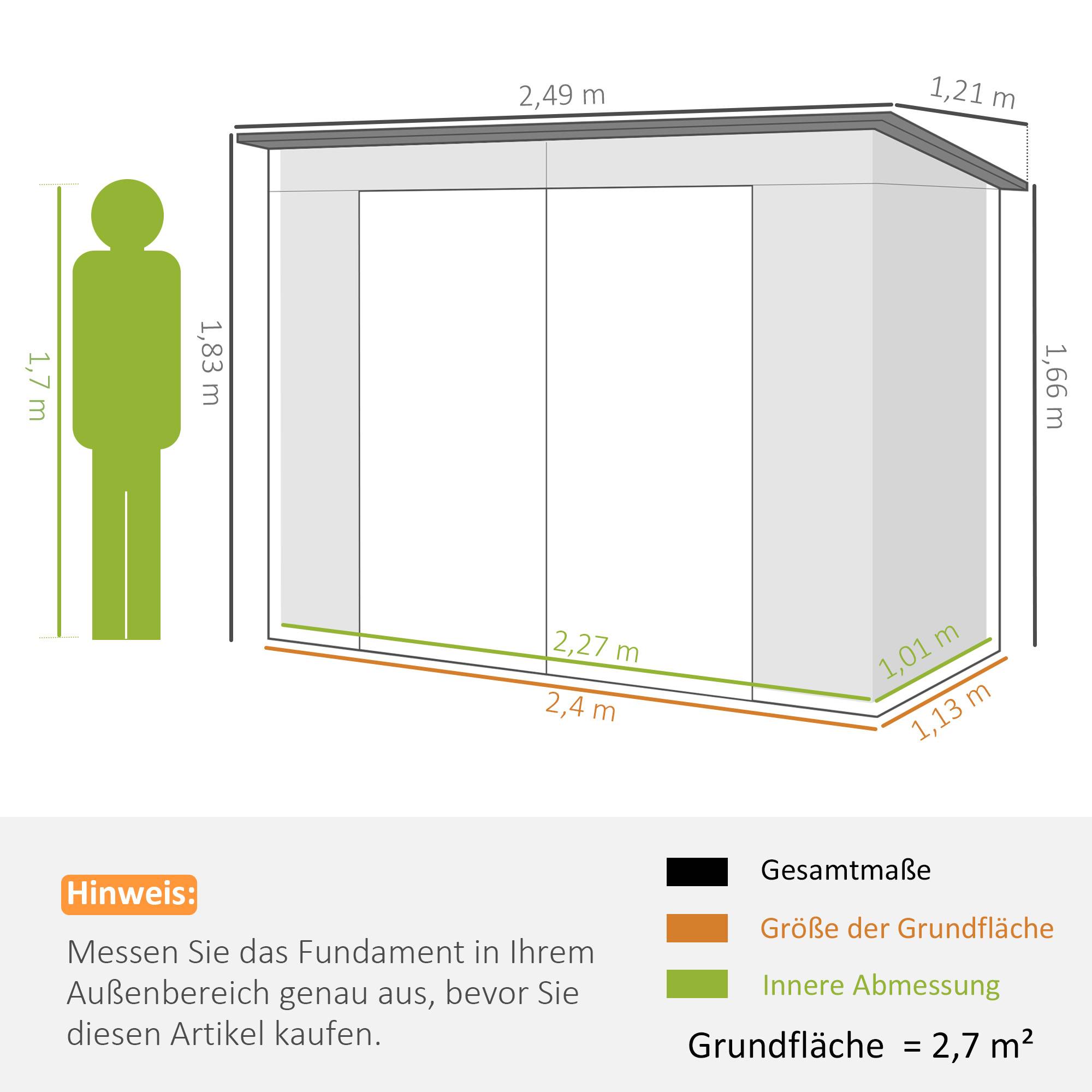 ComfortXL - Abri de jardin en acier galvanisé 249 x 121 x 166/183 cm vert double porte toit monopente pour outils extérieur - Image 3