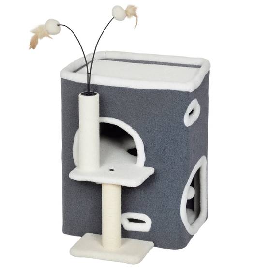 Arbre à chat, espace détente en hauteur, maison à deux étages, poteaux en sisal, gris - Image 1