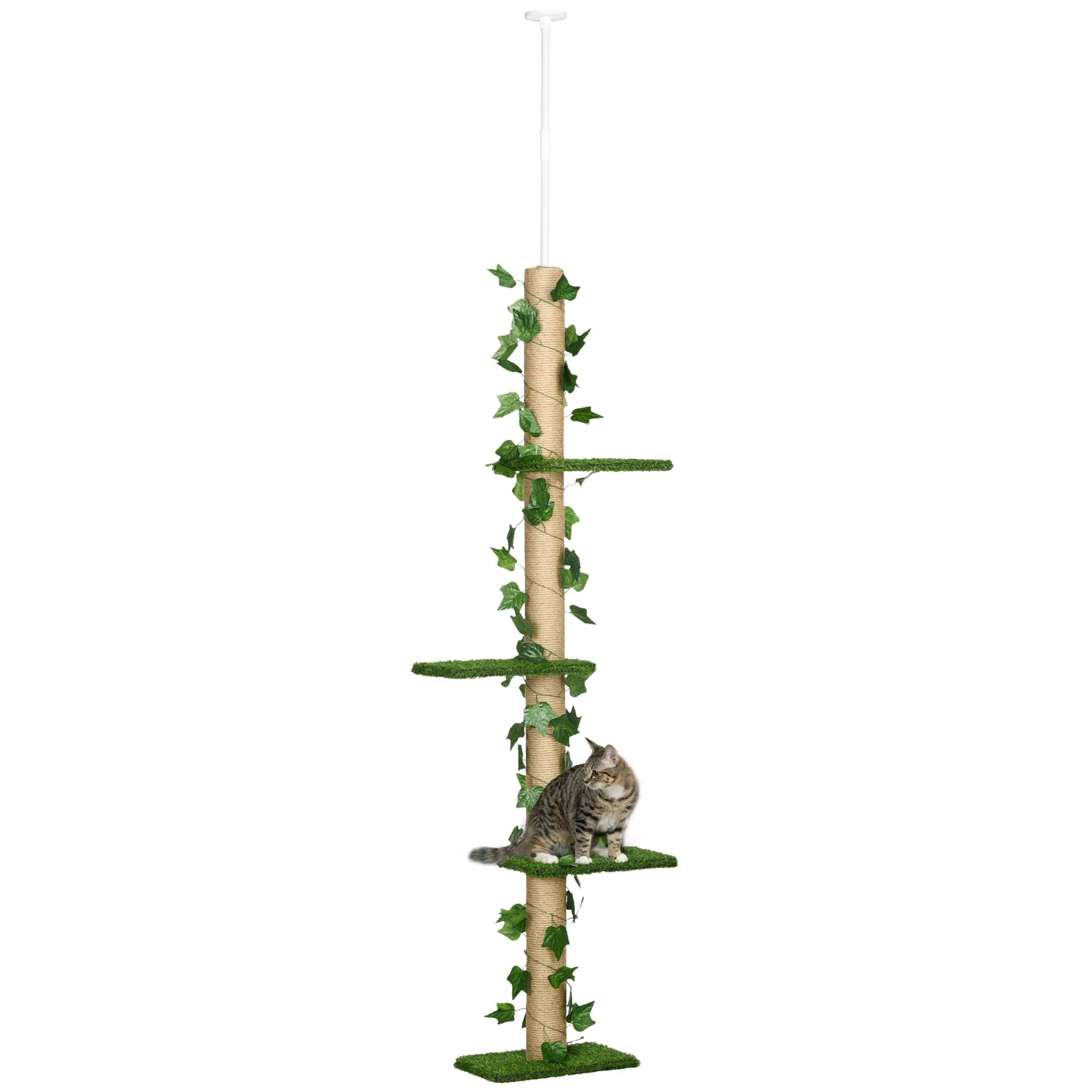 Pawhut - Arbre à chat poteau à griffer design hauteur réglable dim. 37L x 21l x 202- 242H cm 4 niveaux beige vert - Imagen 1