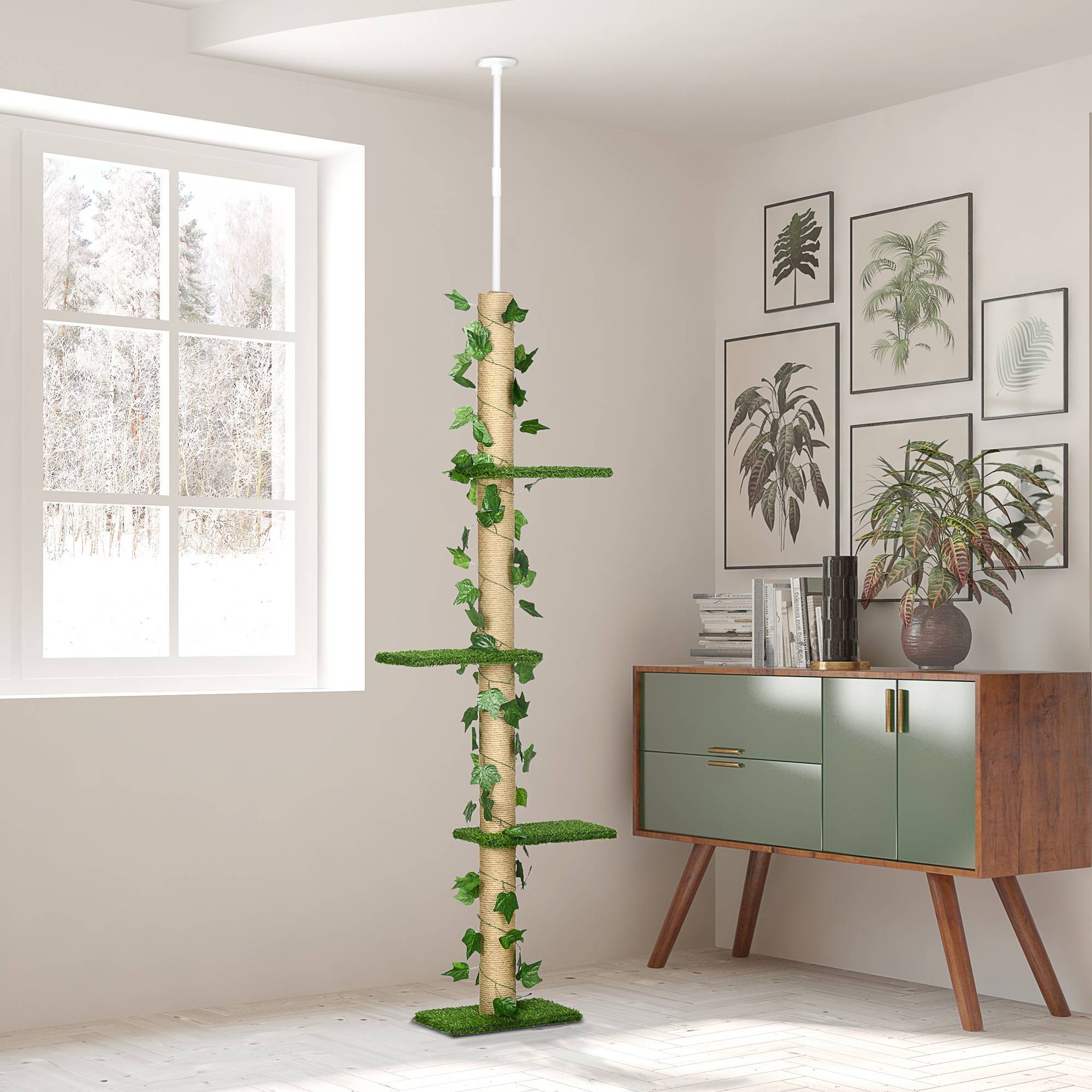 Pawhut - Arbre à chat poteau à griffer design hauteur réglable dim. 37L x 21l x 202- 242H cm 4 niveaux beige vert - Imagen 2