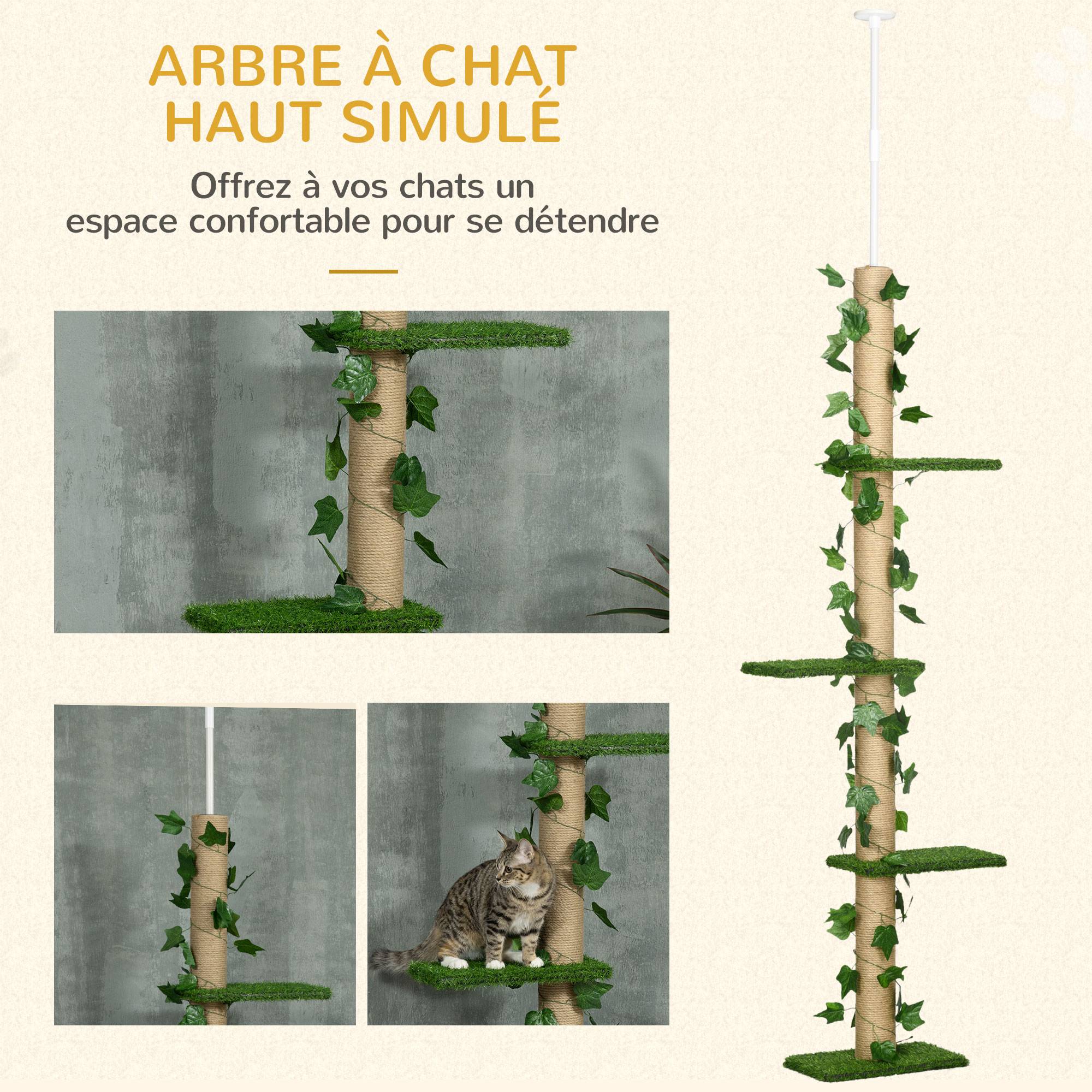 Pawhut - Arbre à chat poteau à griffer design hauteur réglable dim. 37L x 21l x 202- 242H cm 4 niveaux beige vert - Imagen 4
