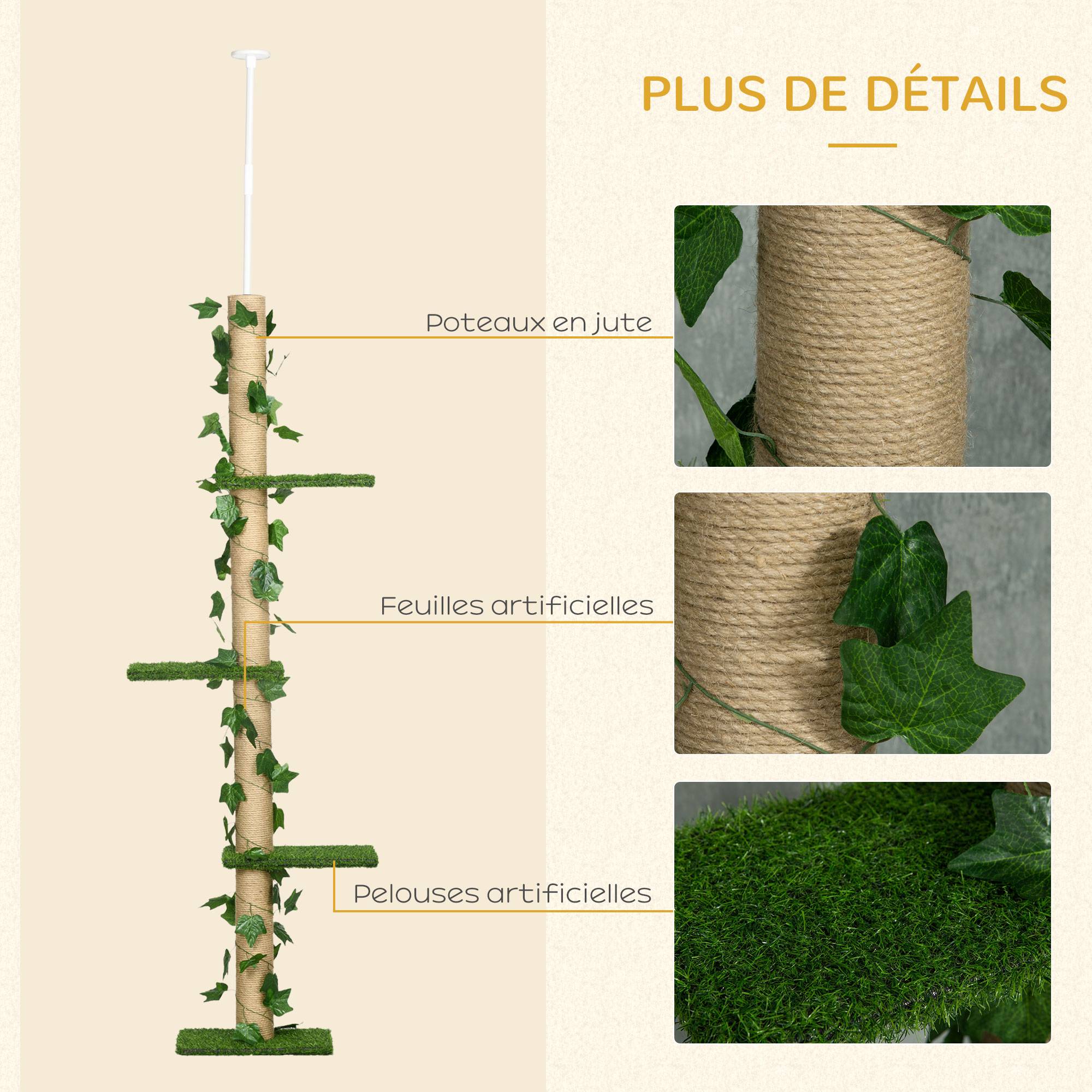 Pawhut - Arbre à chat poteau à griffer design hauteur réglable dim. 37L x 21l x 202- 242H cm 4 niveaux beige vert - Imagen 6