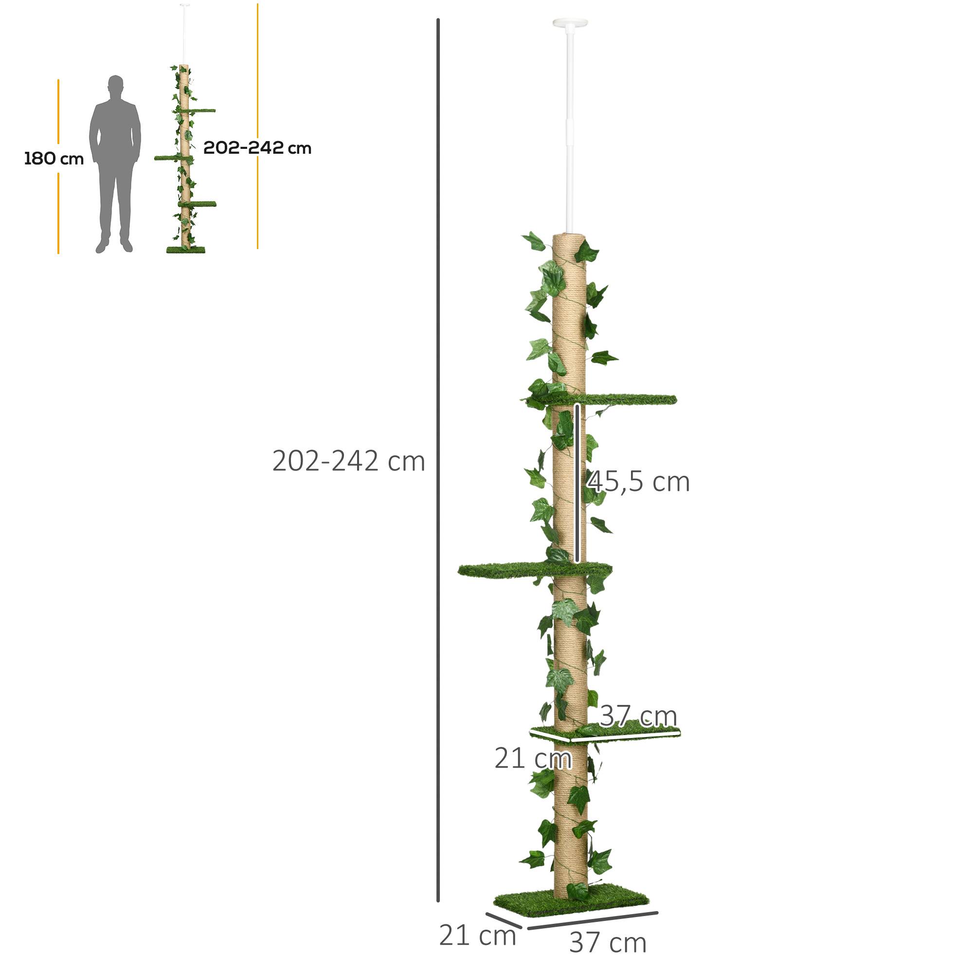 Pawhut - Arbre à chat poteau à griffer design hauteur réglable dim. 37L x 21l x 202- 242H cm 4 niveaux beige vert - Imagen 3