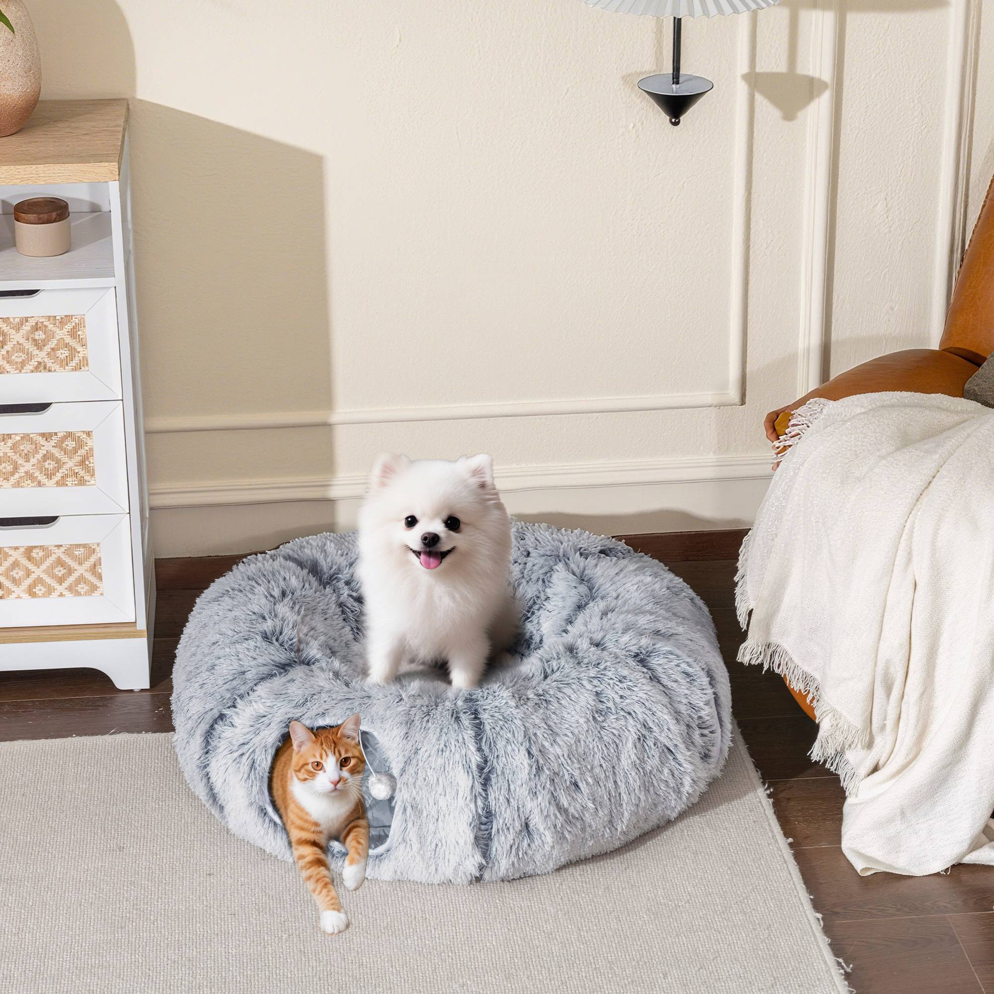 Tunnel chat peluche coussin pliable structure métal niche gris clair - Image 4