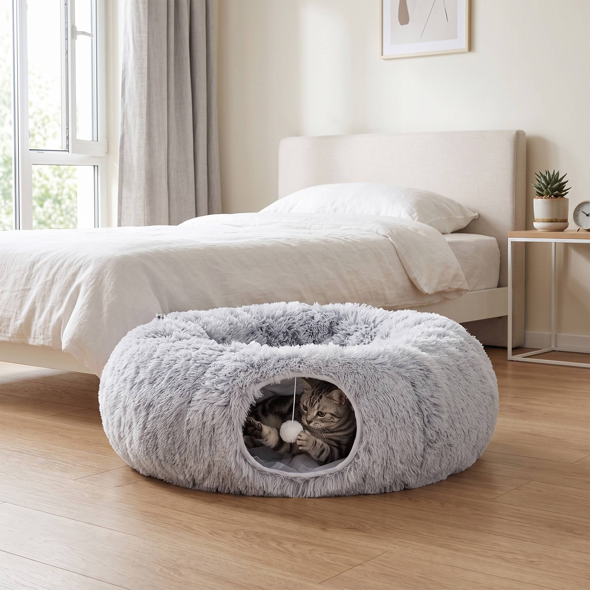Tunnel chat peluche coussin pliable structure métal niche gris clair - Image 10
