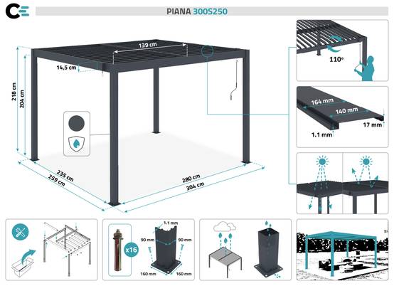 Cazeboo Pergola bioclimatique autoportée PIANA 3x2,5 m aluminium gris - lames orientables - Image 2