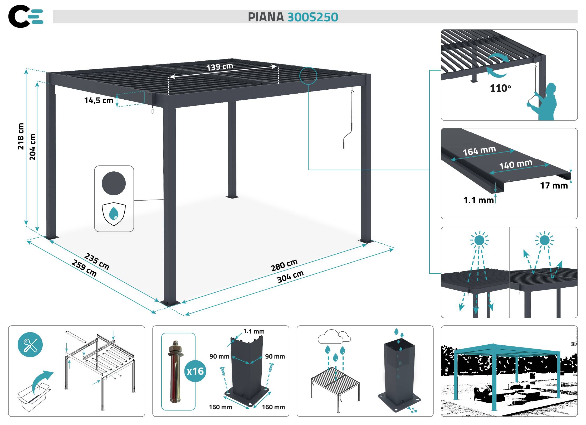 Cazeboo Pergola bioclimatique autoportée PIANA 3x2,5 m aluminium gris - lames orientables - Image 2