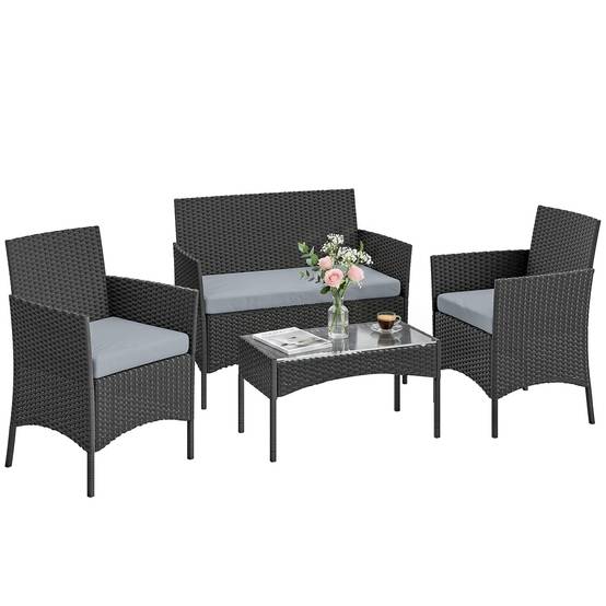 ComfortXL - Salon de jardin 4 places Résine tressée Patio & balcon Table verre trempé Gris - ComfortXL Outdoor Living - Image 1
