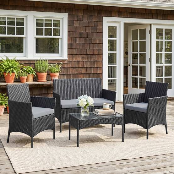 ComfortXL - Salon de jardin 4 places Résine tressée Patio & balcon Table verre trempé Gris - ComfortXL Outdoor Living - Image 3