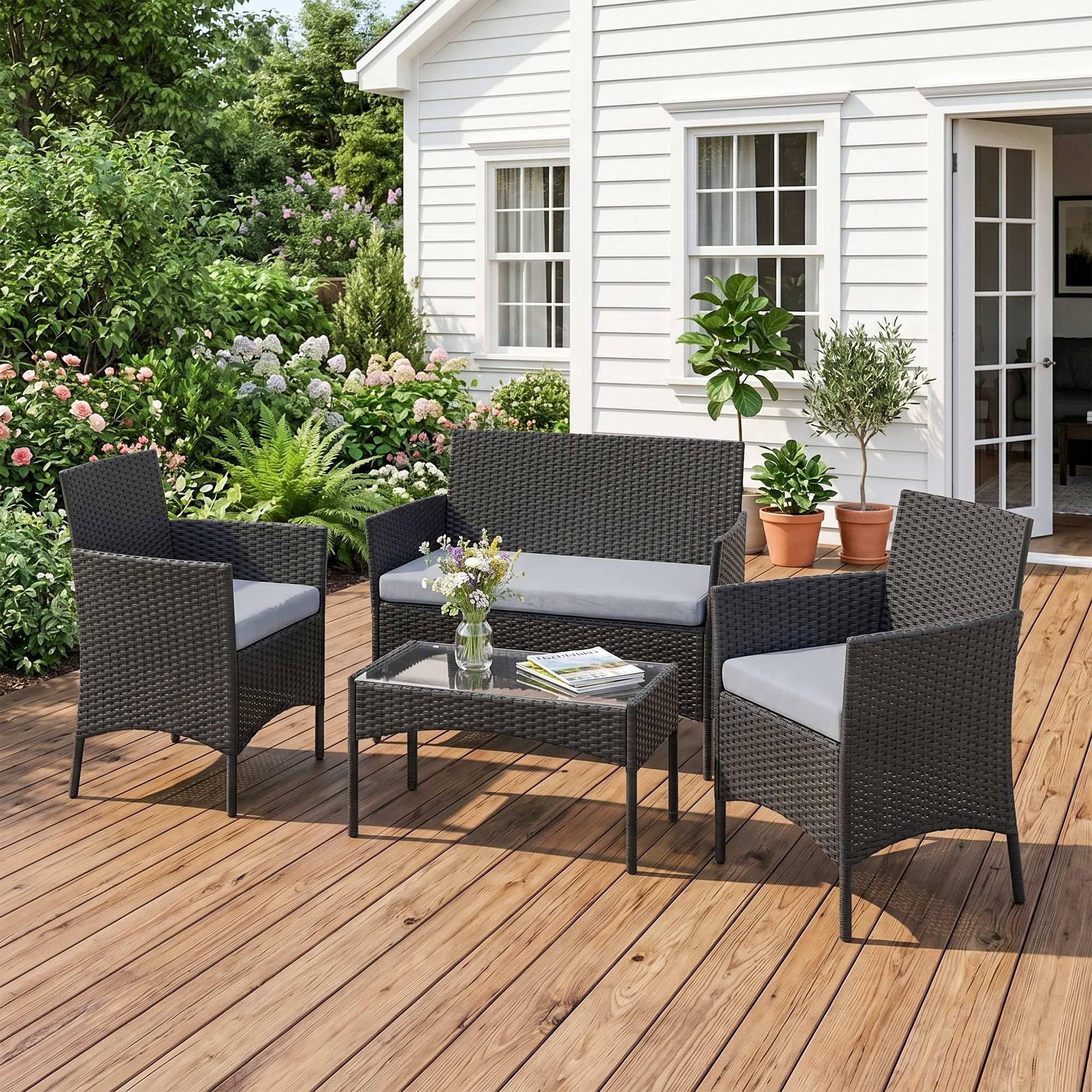 ComfortXL - Salon de jardin 4 places Résine tressée Patio & balcon Table verre trempé Gris - ComfortXL Outdoor Living - Image 4