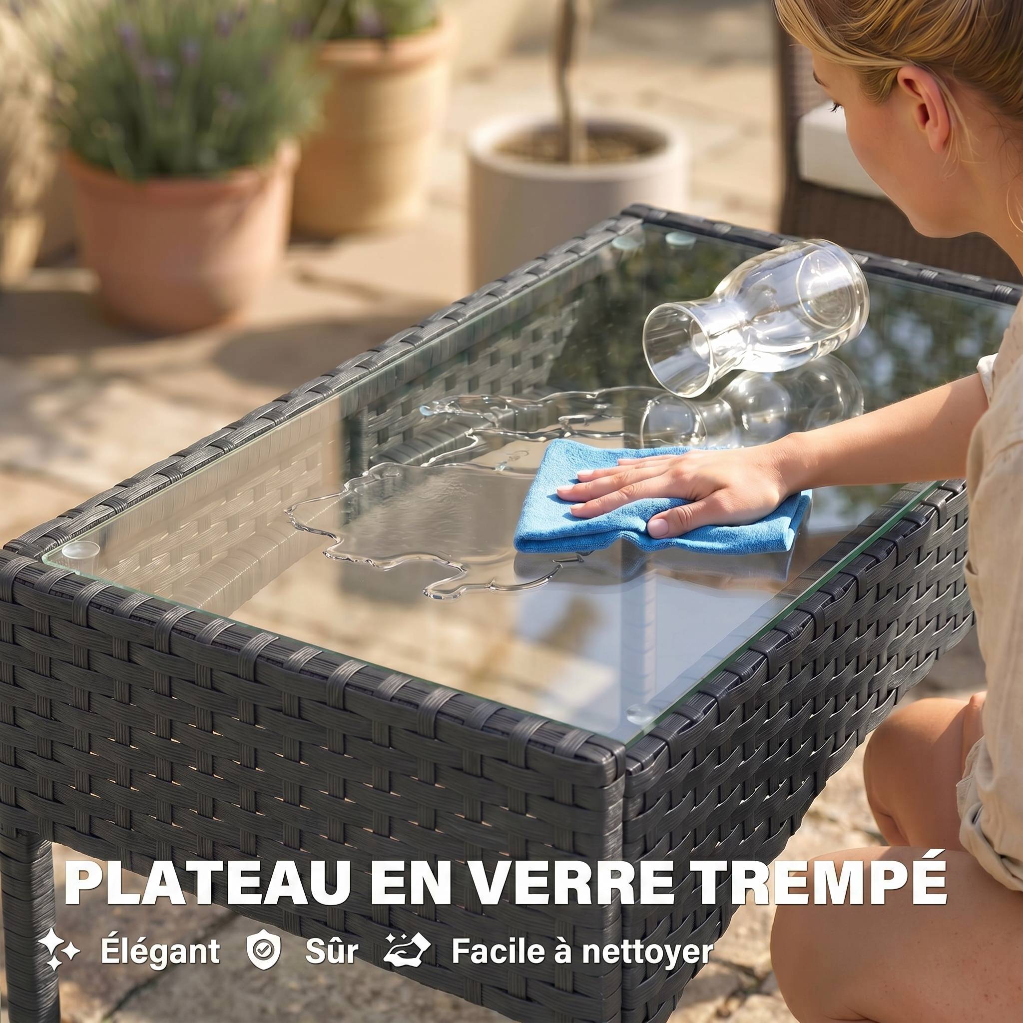 ComfortXL - Salon de jardin 4 places Résine tressée Patio & balcon Table verre trempé Gris - ComfortXL Outdoor Living - Image 9