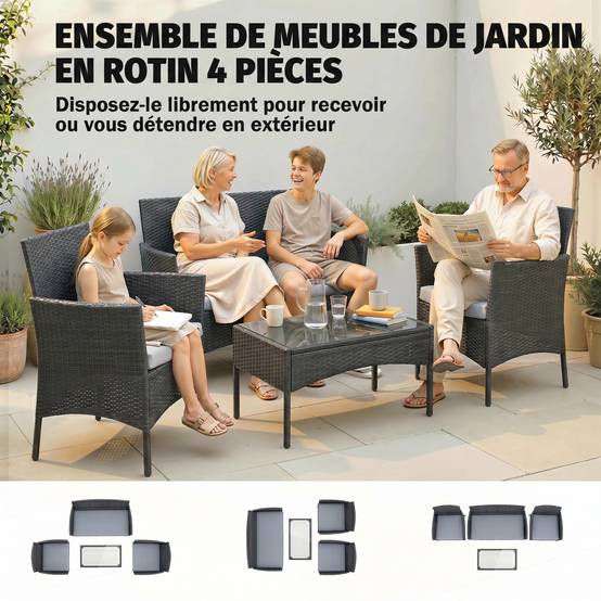 ComfortXL - Salon de jardin 4 places Résine tressée Patio & balcon Table verre trempé Gris - ComfortXL Outdoor Living - Image 6