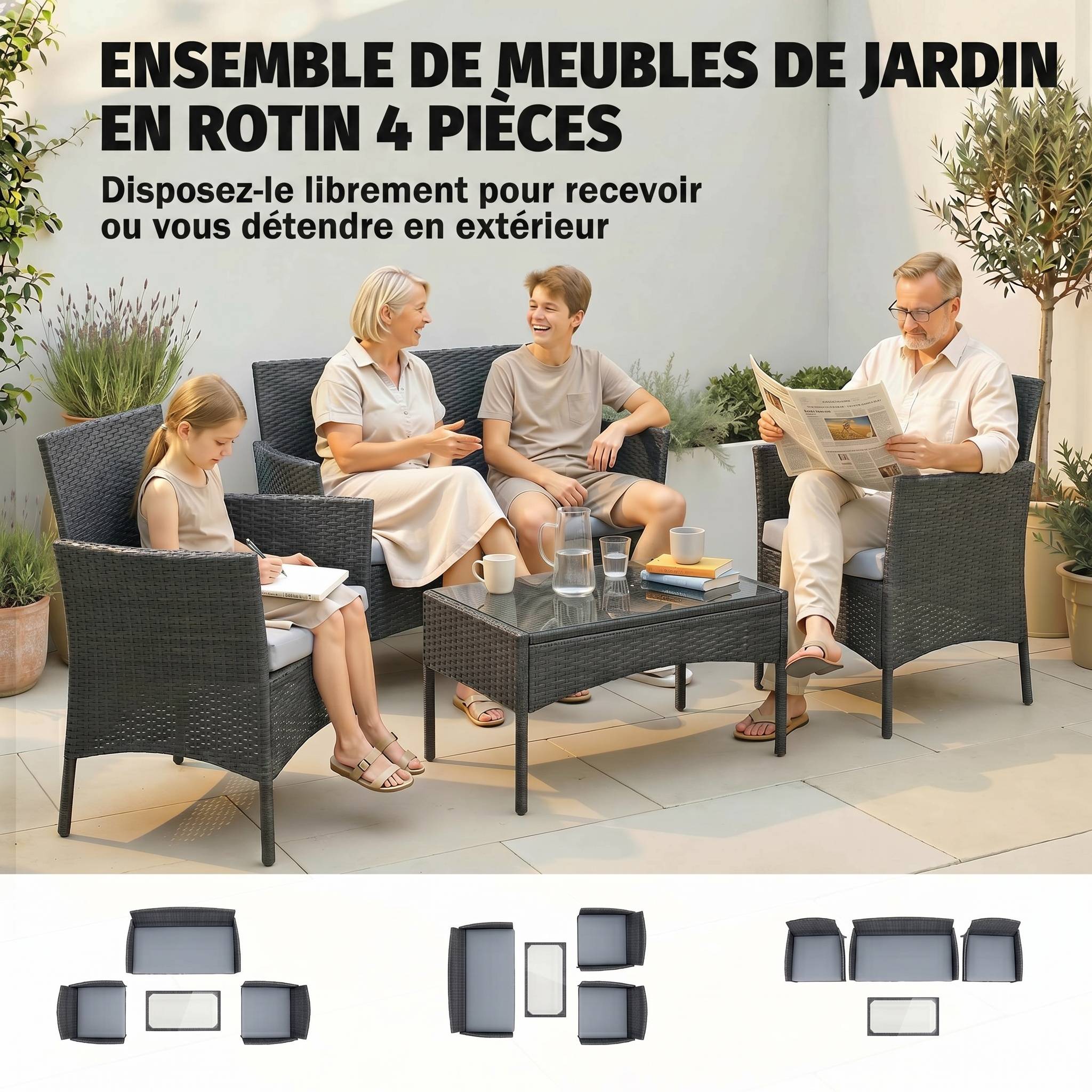 ComfortXL - Salon de jardin 4 places Résine tressée Patio & balcon Table verre trempé Gris - ComfortXL Outdoor Living - Image 6