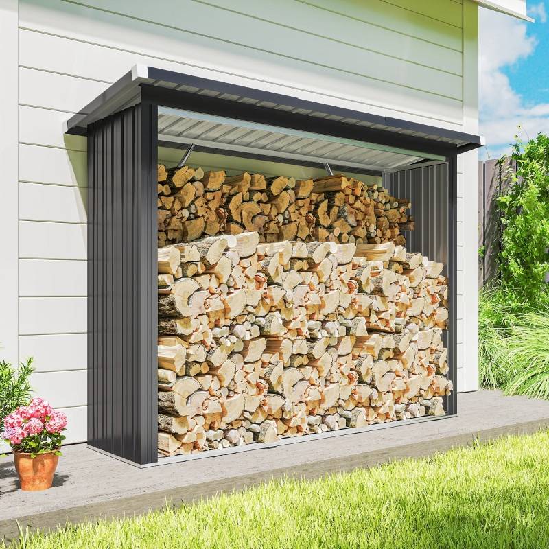 Abri-bûches Acier Extérieur Jardin Stockage bois de chauffage 213x66x150cm Gris Foncé - ComfortXL Outdoor Living - Image 8