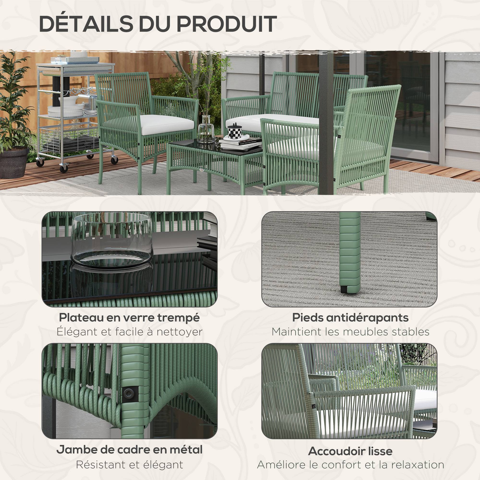 Ensemble salon de jardin 4 pièces | Mobilier de jardin Vert Résine tressée 100x56x80 cm - Image 8