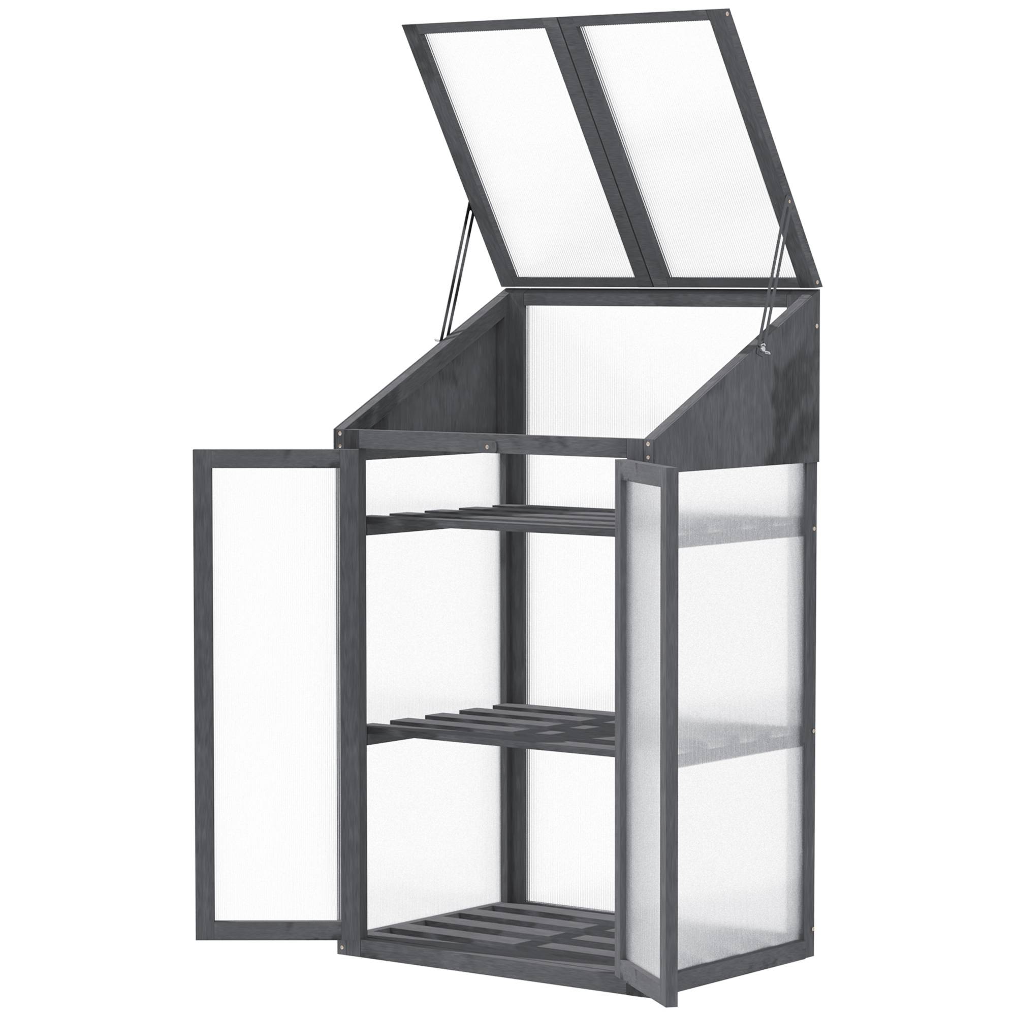 Mini-serre de jardin, petite serre avec cadre en bois, fenêtres et double porte, 3 étagères, 70L x 50l x 120H cm, gris - Image 2