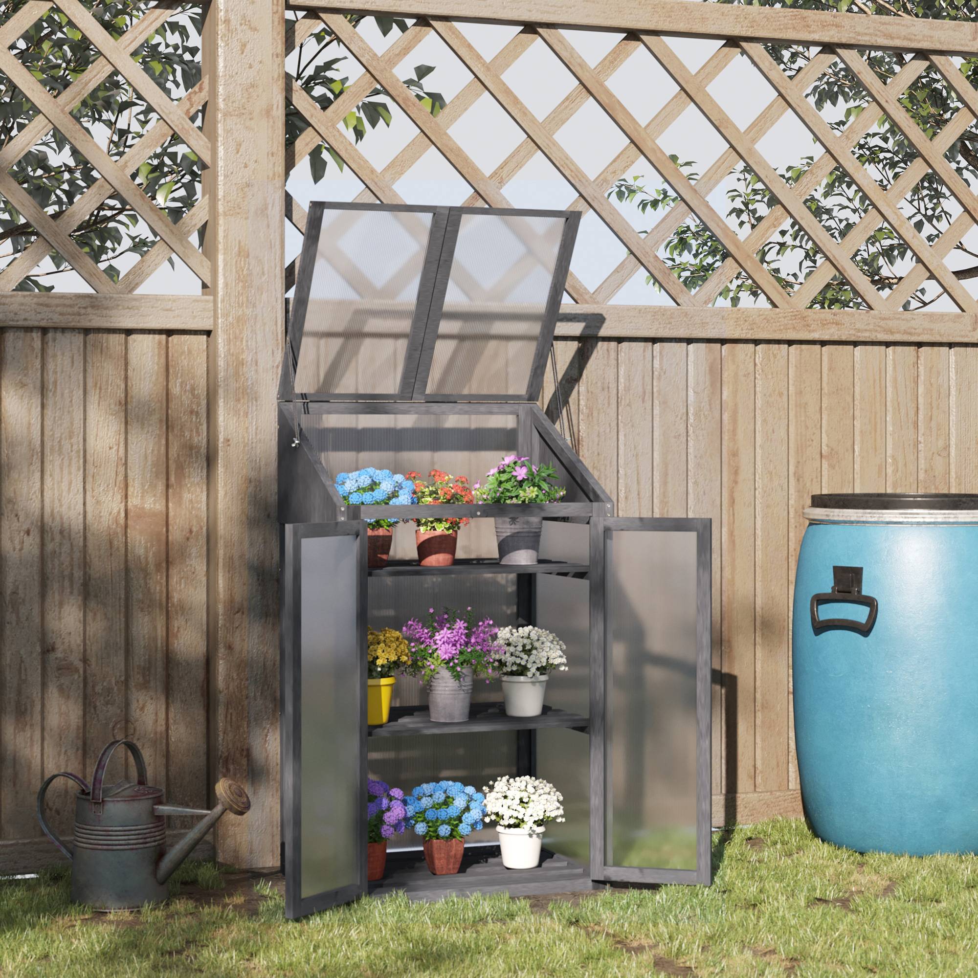 Mini-serre de jardin, petite serre avec cadre en bois, fenêtres et double porte, 3 étagères, 70L x 50l x 120H cm, gris - Image 4